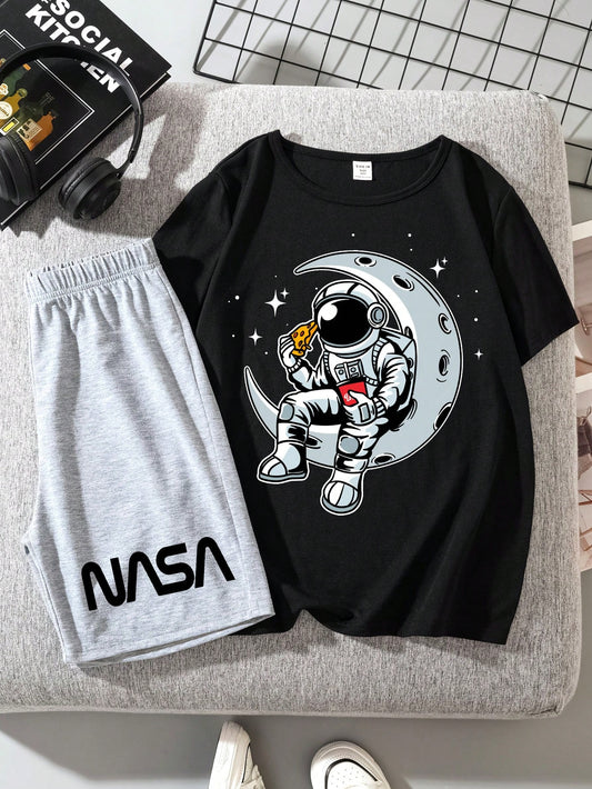 Astronauts Carton Printed Casual Round Neck Short Sleeve T-Shirt And Shorts 2pcs/Set Summer Outfits For Tween Boys