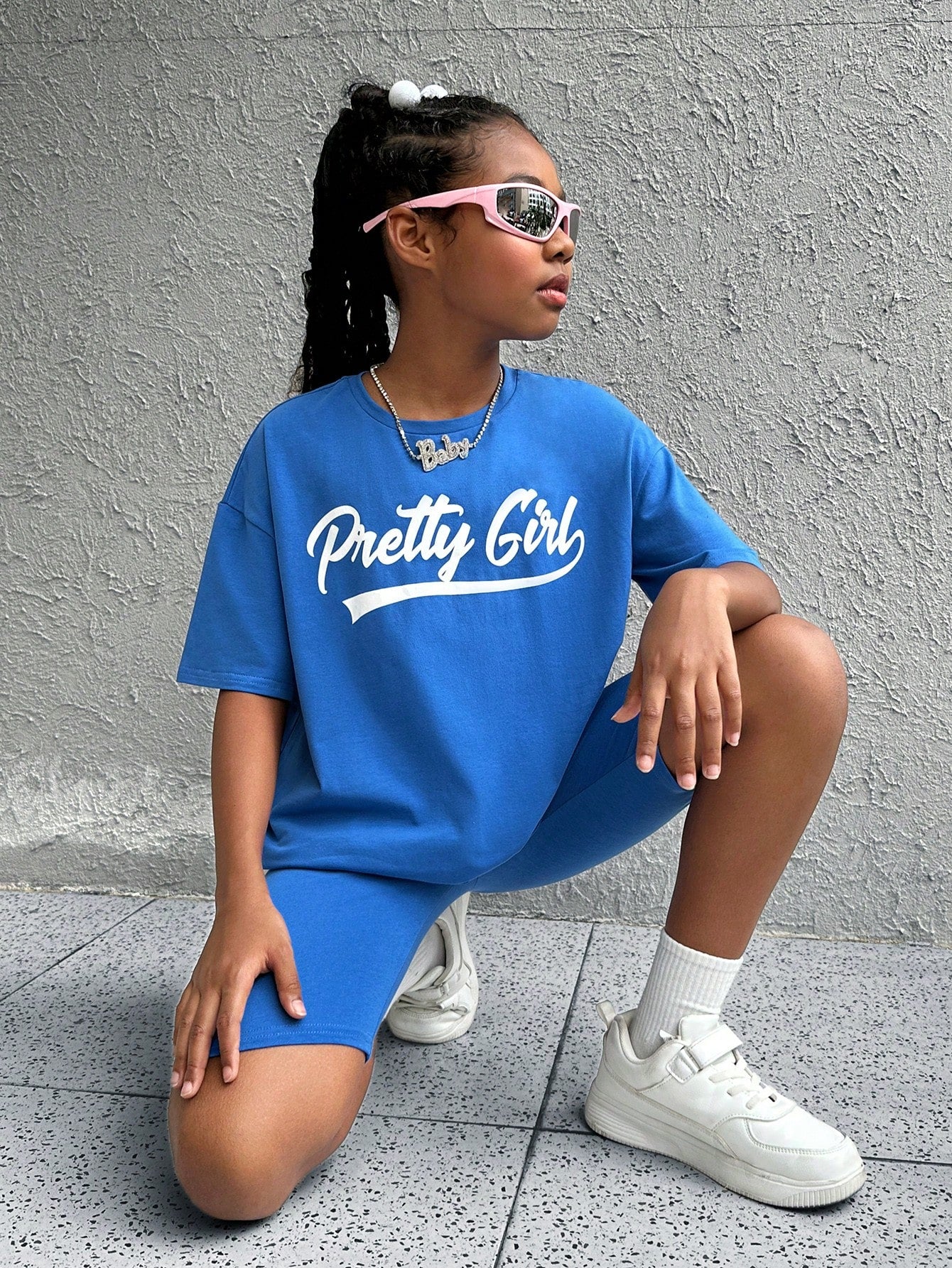 Tween Girls' Cool Street Style Spring/Summer Knit Crew Neck Letter Printed Short Sleeve T-Shirt And Shorts Set