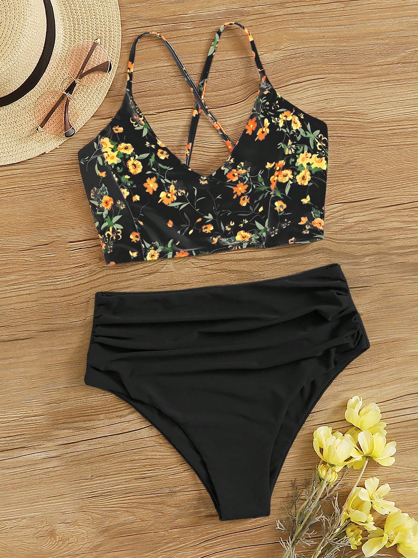 Swim Summer Beach Floral Patchwork Print V-Neck Bikini Set, Bikini Set