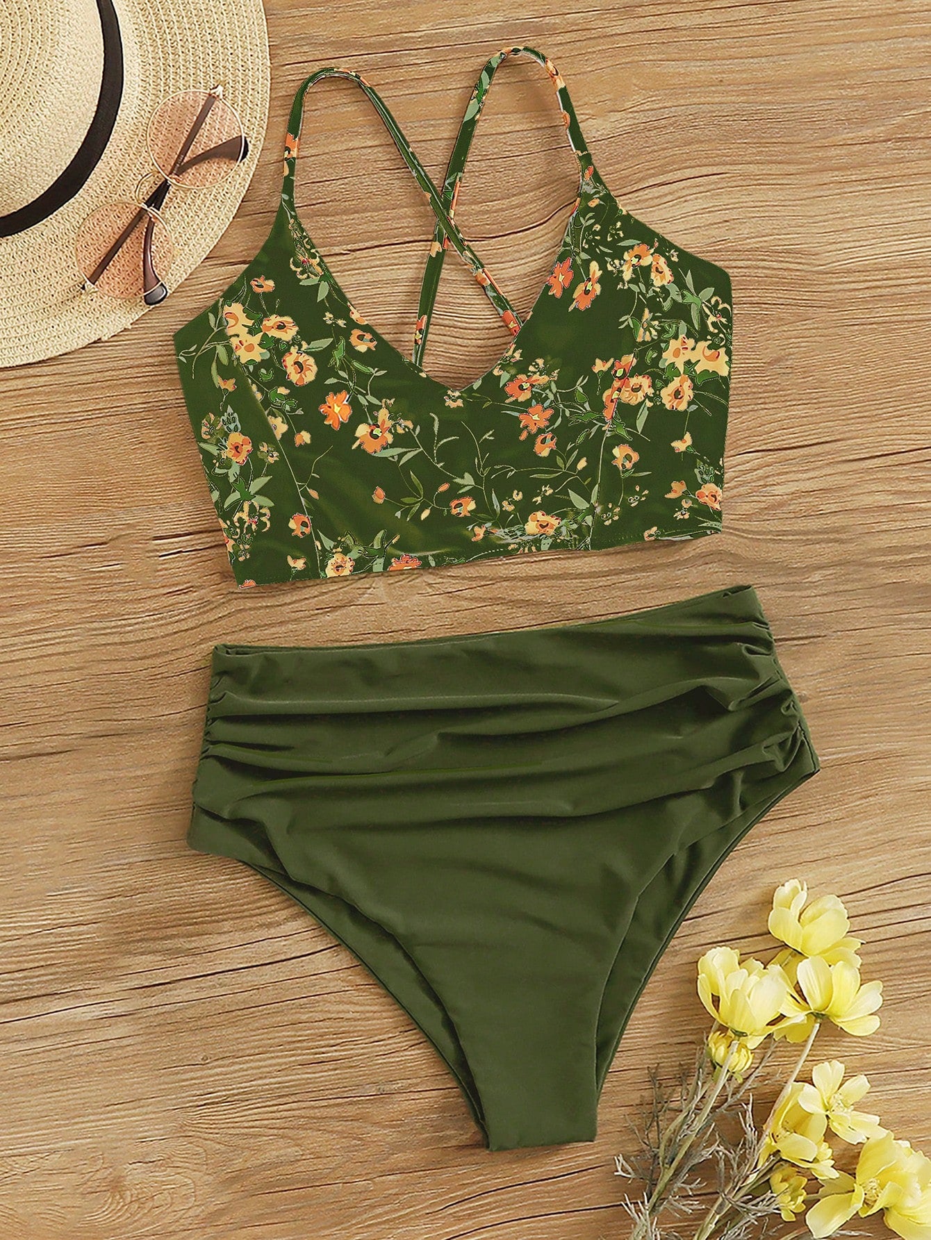 Swim Summer Beach Floral Patchwork Print V-Neck Bikini Set, Bikini Set