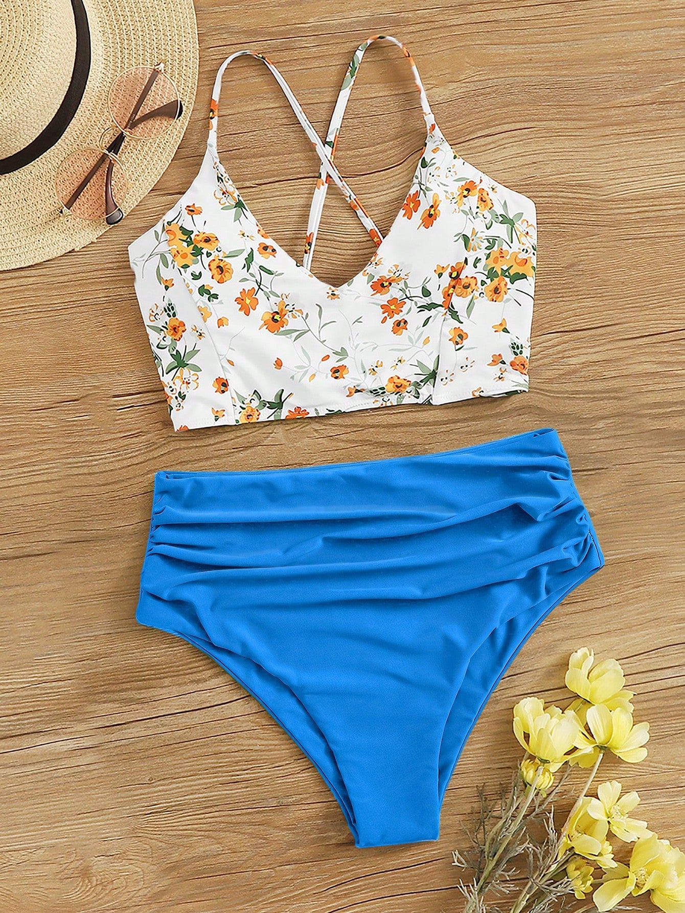 Swim Summer Beach Floral Patchwork Print V-Neck Bikini Set, Bikini Set