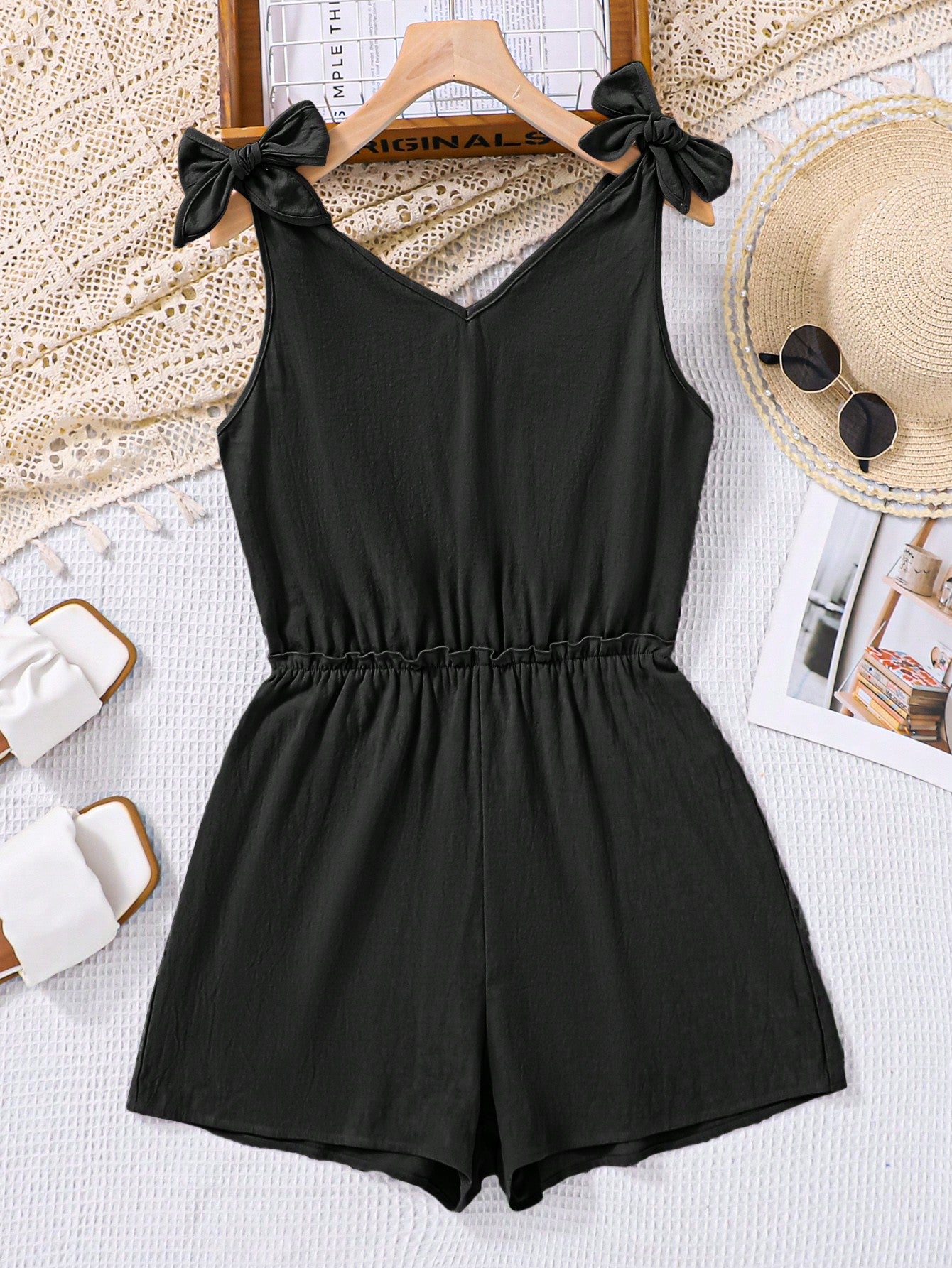 Teen Girl's Woven Solid Color V-Neck Cinched Waist Butterfly Shoulder Strap Casual Romper