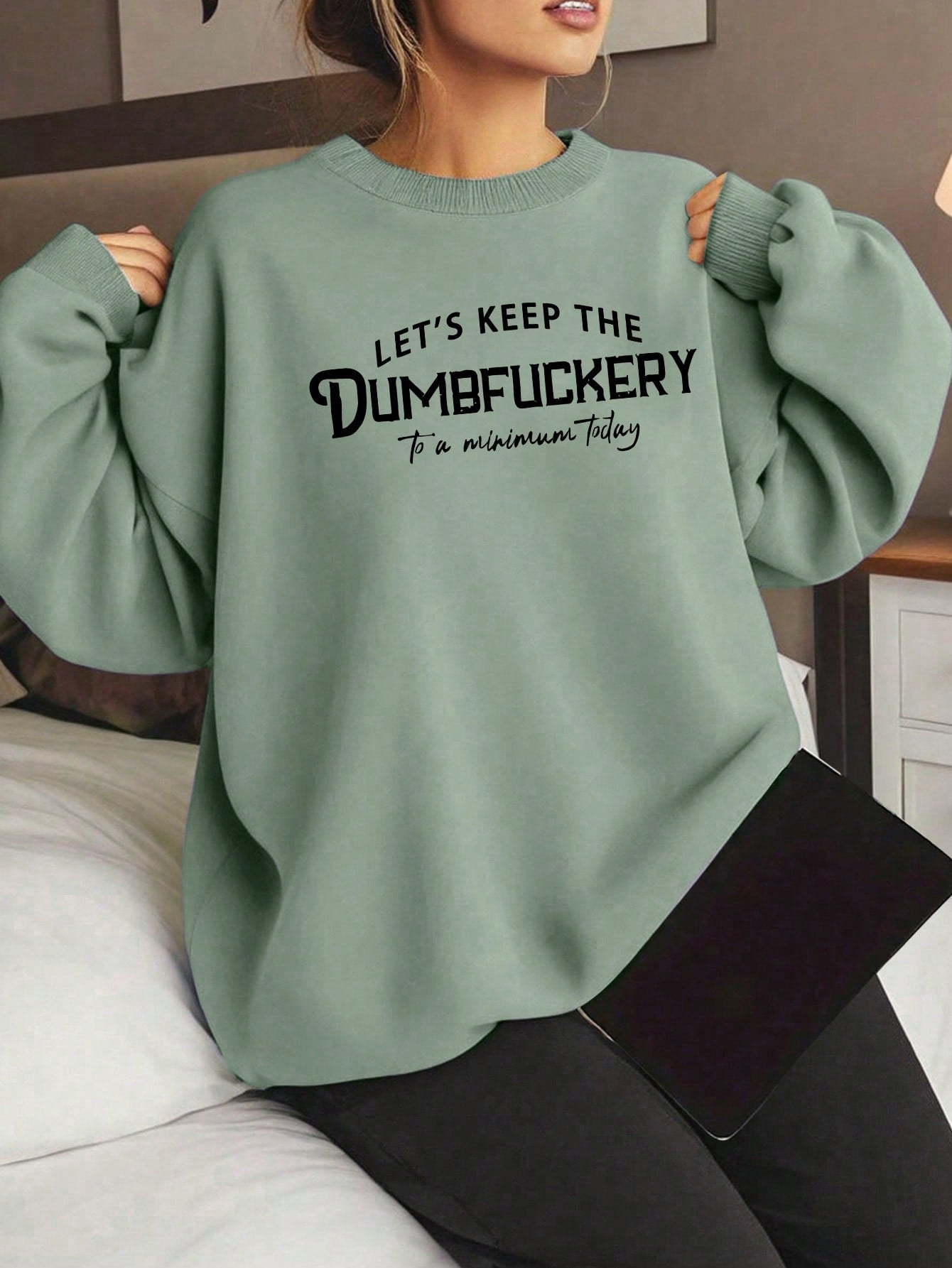 Plus Size Women's Slogan Letter Print Crew Neck Long Sleeve Sweatshirt, Sportswear