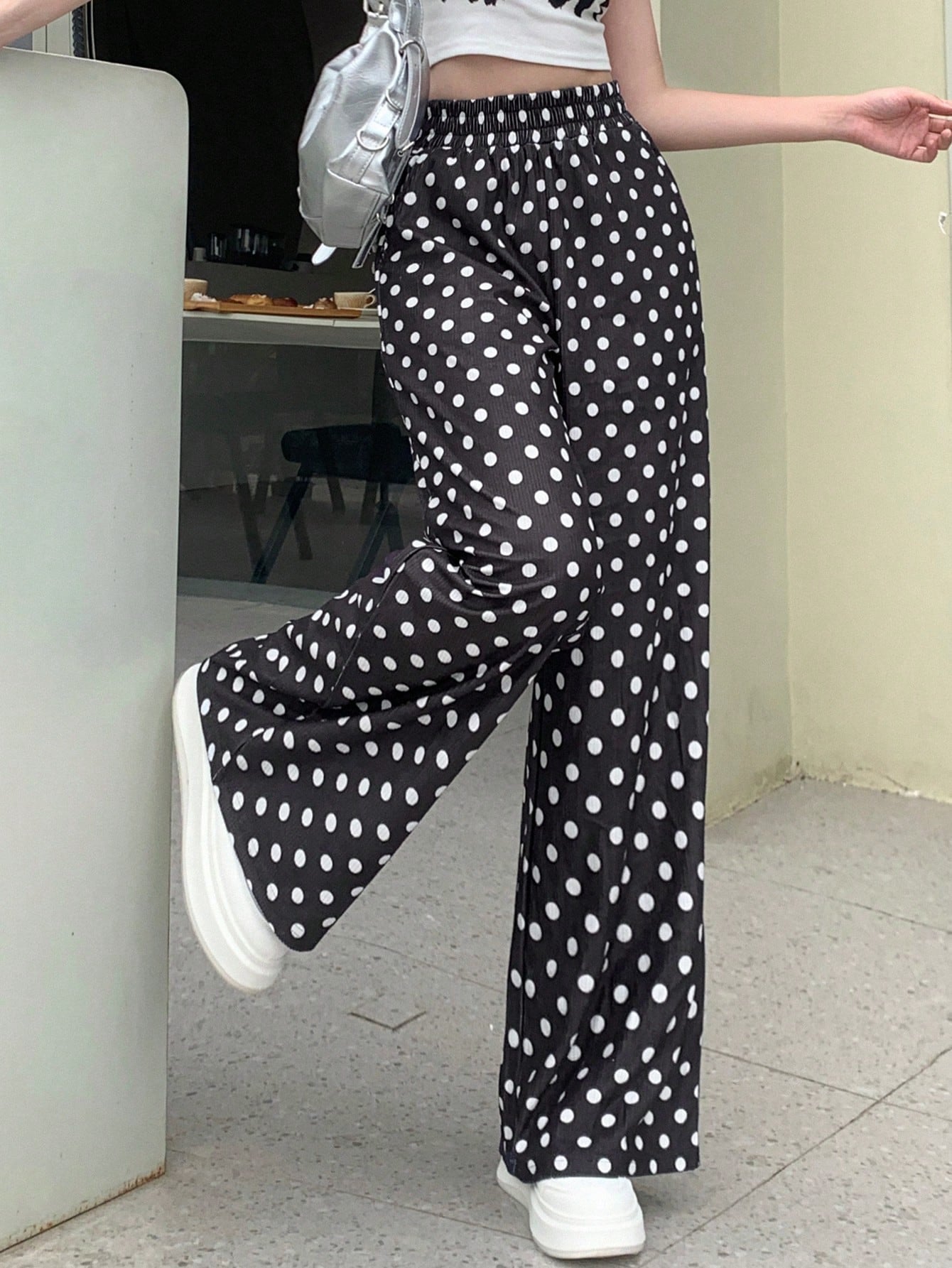 FRIFUL Women Loose Fit Elastic Waist Polka Dot Printed Straight Leg Casual Long Pants