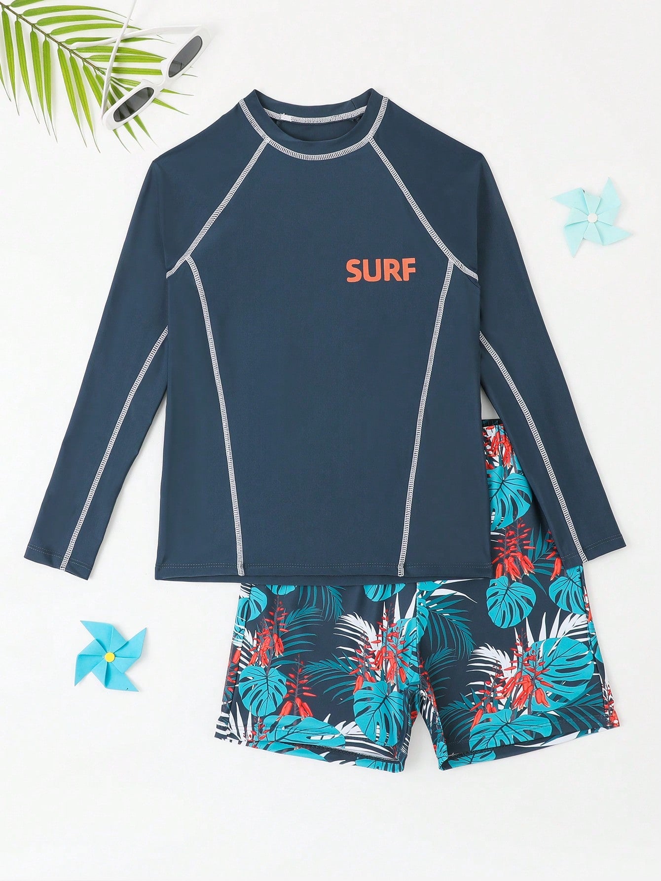 Teen Boys' Patchwork Stitching Long Sleeve T-Shirt And Tropical Print Swimming Shorts Outfit