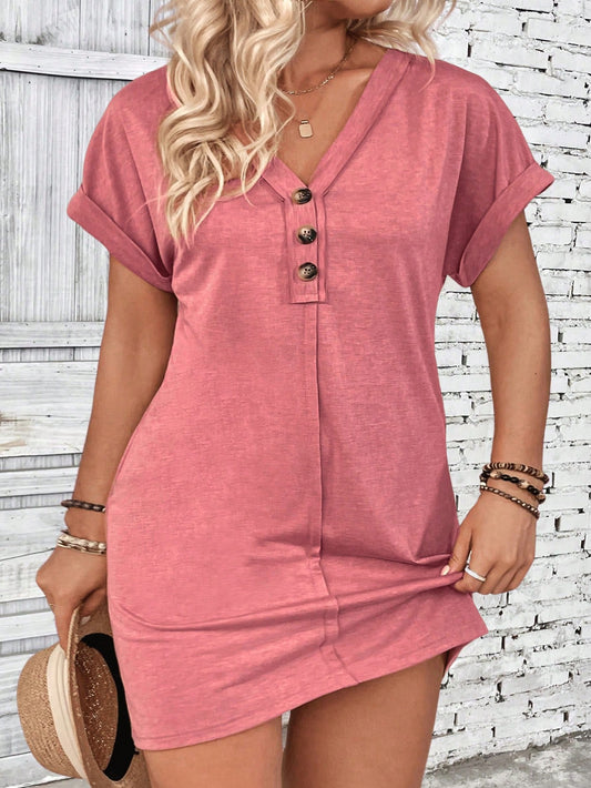 Plus Size Women Solid Color V-Neck Button Decoration Batwing Short Sleeve Casual Dress For Summer