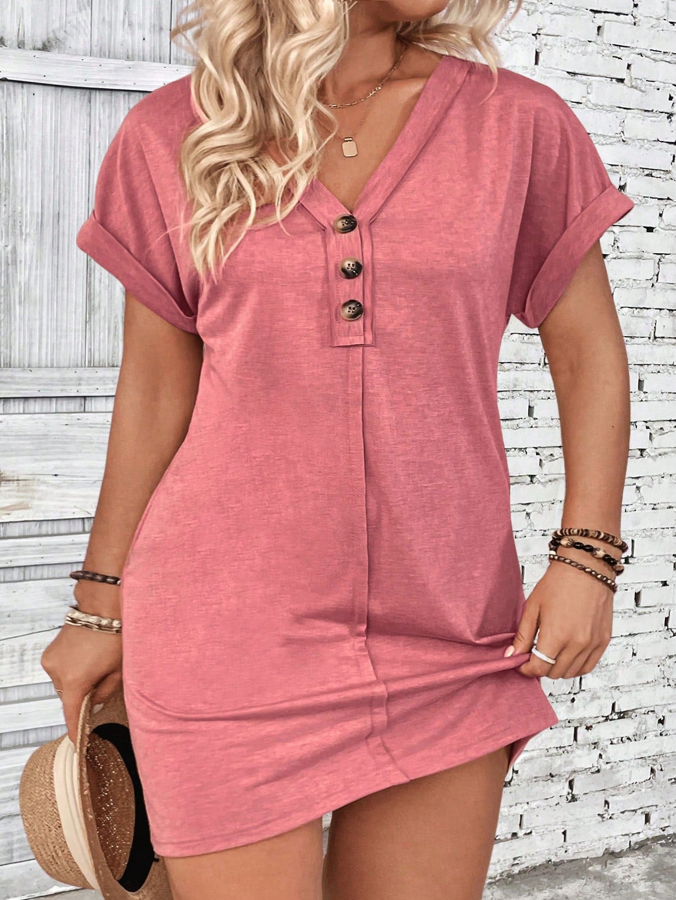 Plus Size Summer Casual V-Neck Dress With Rolled Cuffs And Button Placket