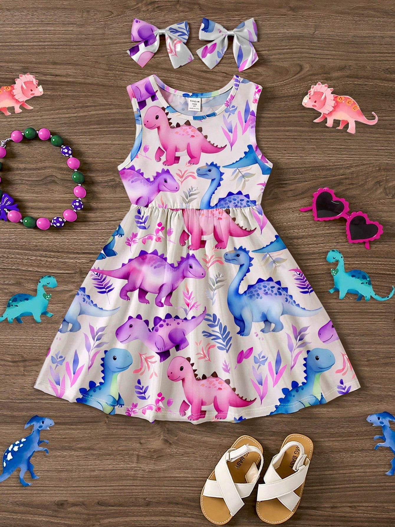 Young Girls' Casual & Simple Cartoon Dinosaur Pattern Tank Dress Suitable For Summer