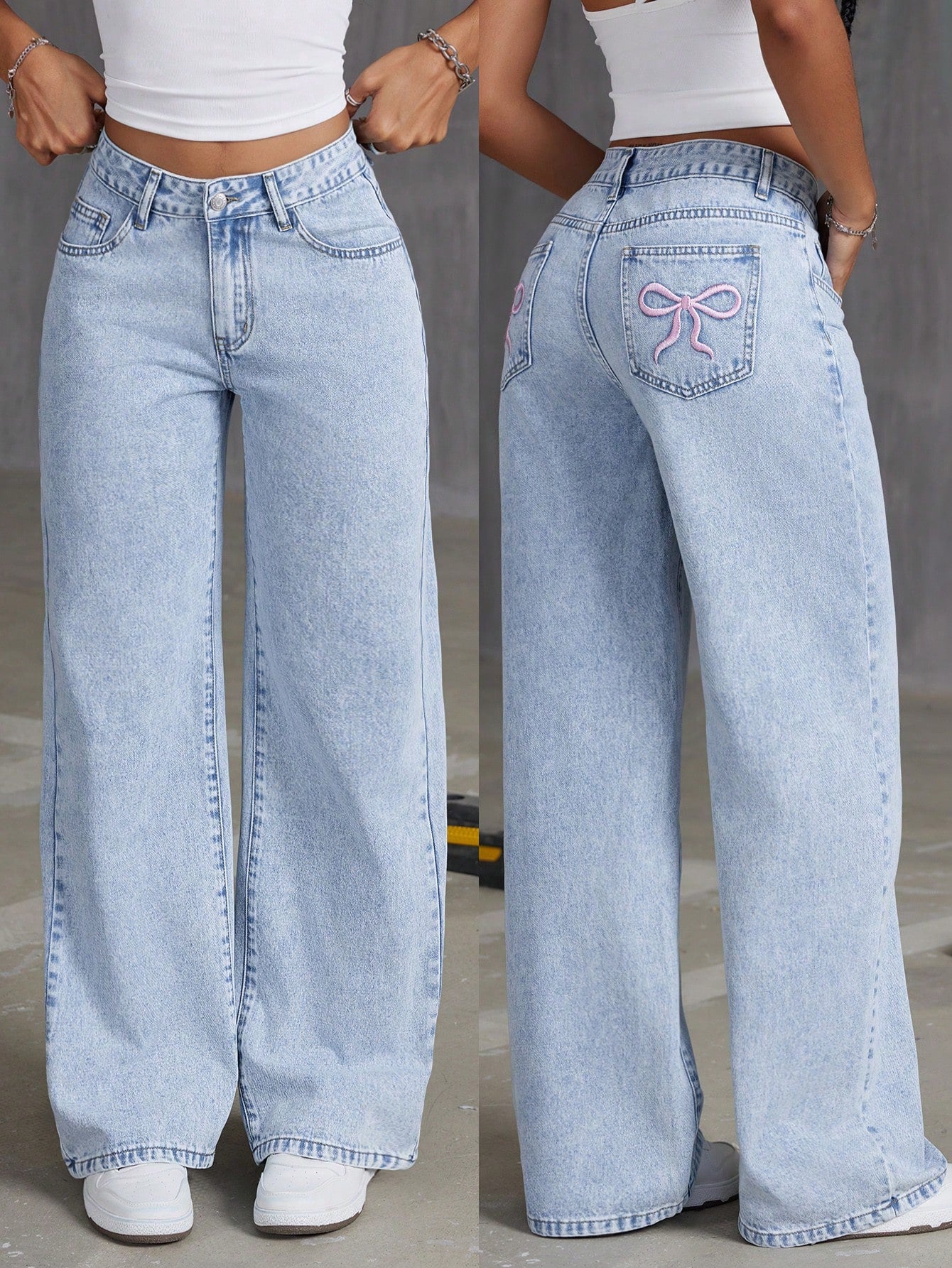 Women's Embroidered Bowknot Straight-Legged Washed Denim Pants With Pockets