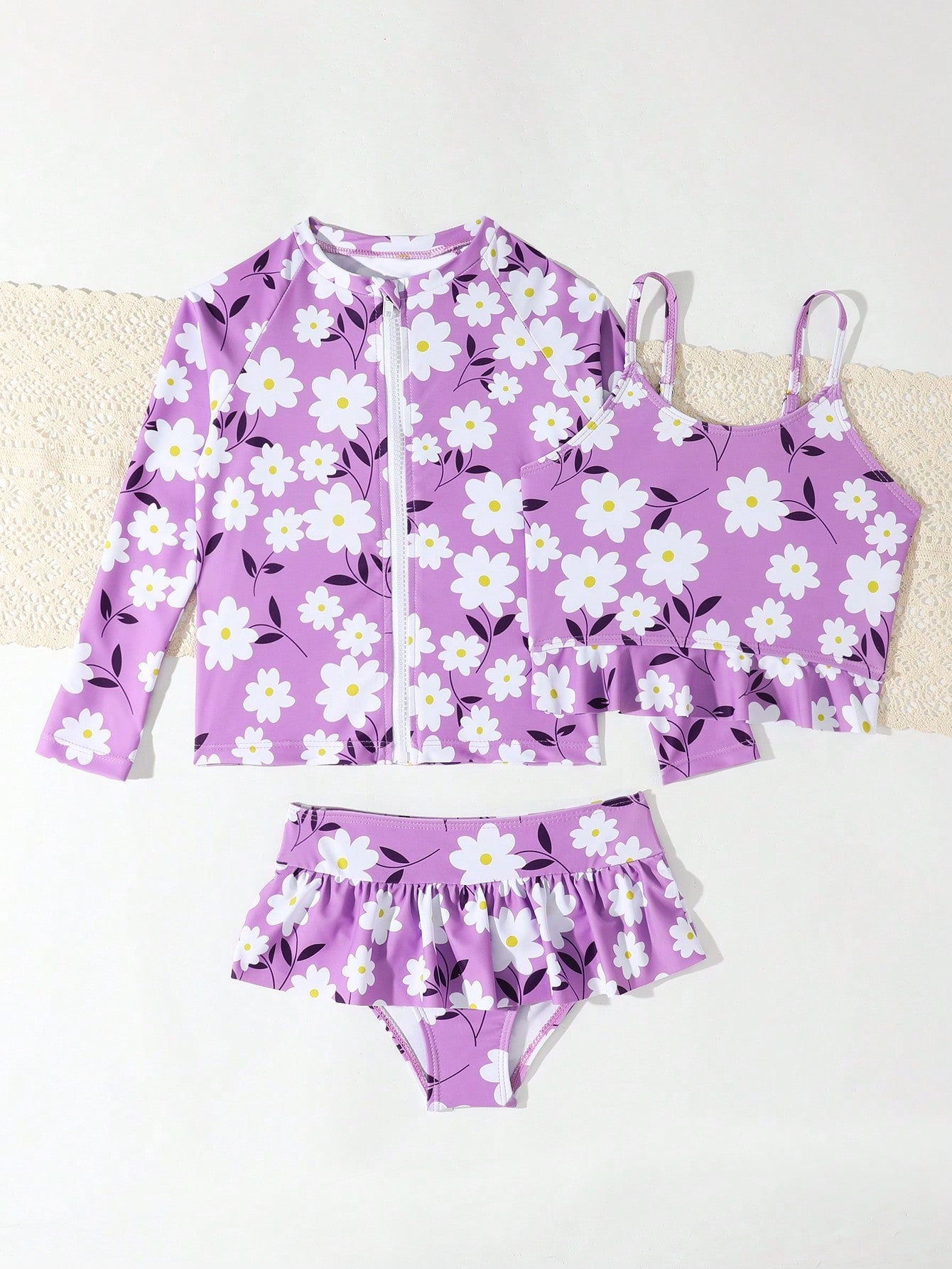 Young Girl Bikini Set With Floral Print Frill And Long Sleeve Swimwear Top, 3pcs Matching Set