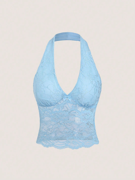 Women Y2K Style Solid Color Lace Strap Halter Top For Summer