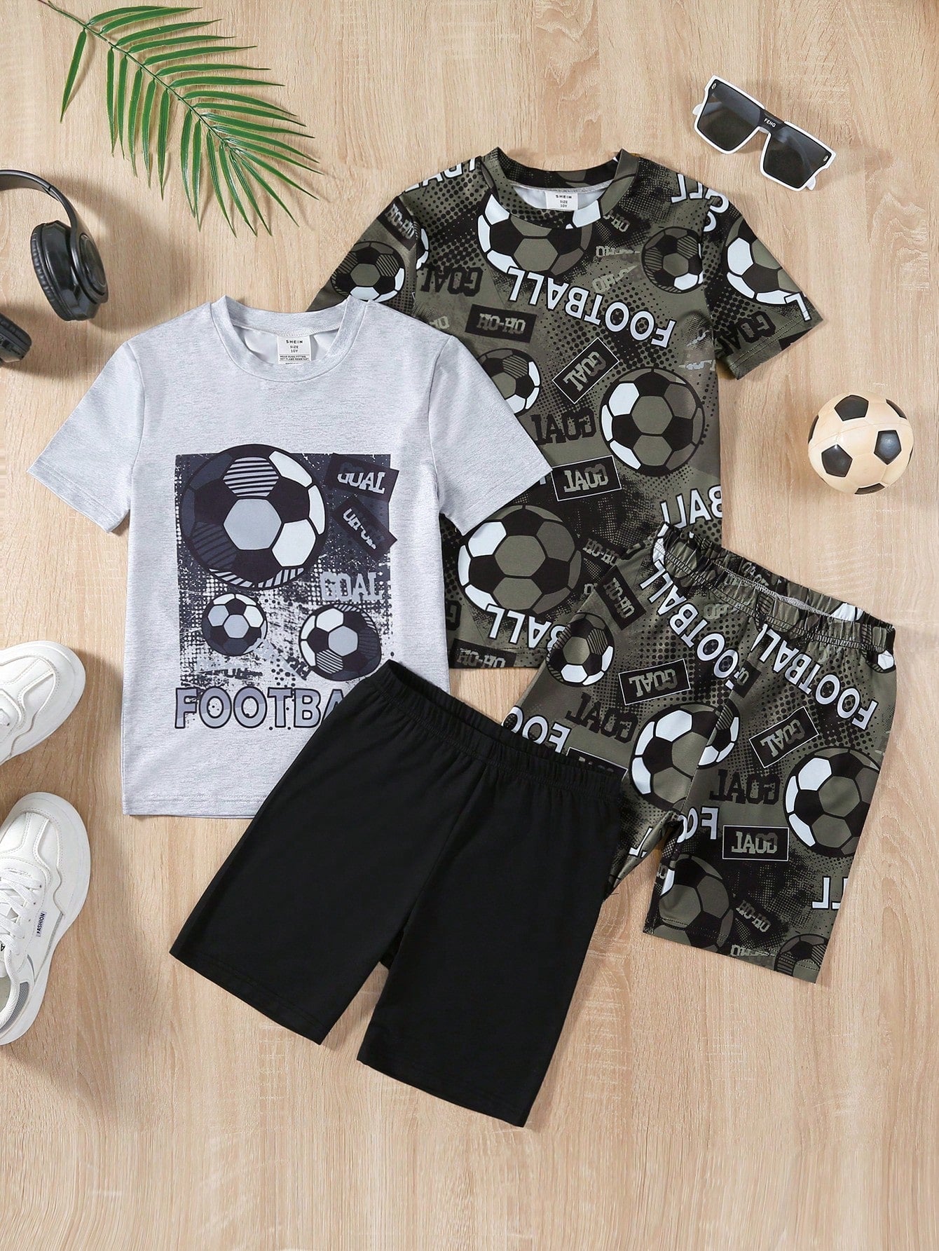 Tween Boy Dark Grey Simple Sport Football Printed Round Neck Short Sleeve Top Matching Shorts, Casual 2PCS Home Wear Outfit