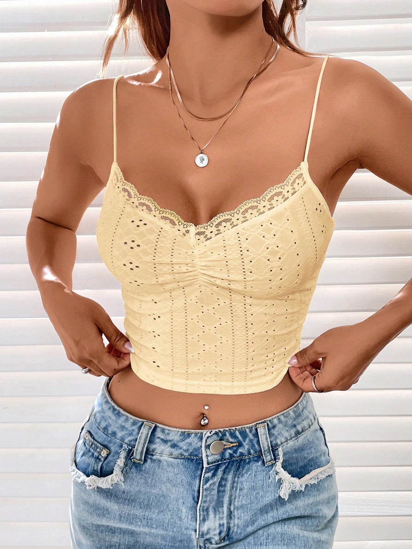 Summer Going Out Eyelet Embroidery Lace Trim Ruched Bust White Cami Top