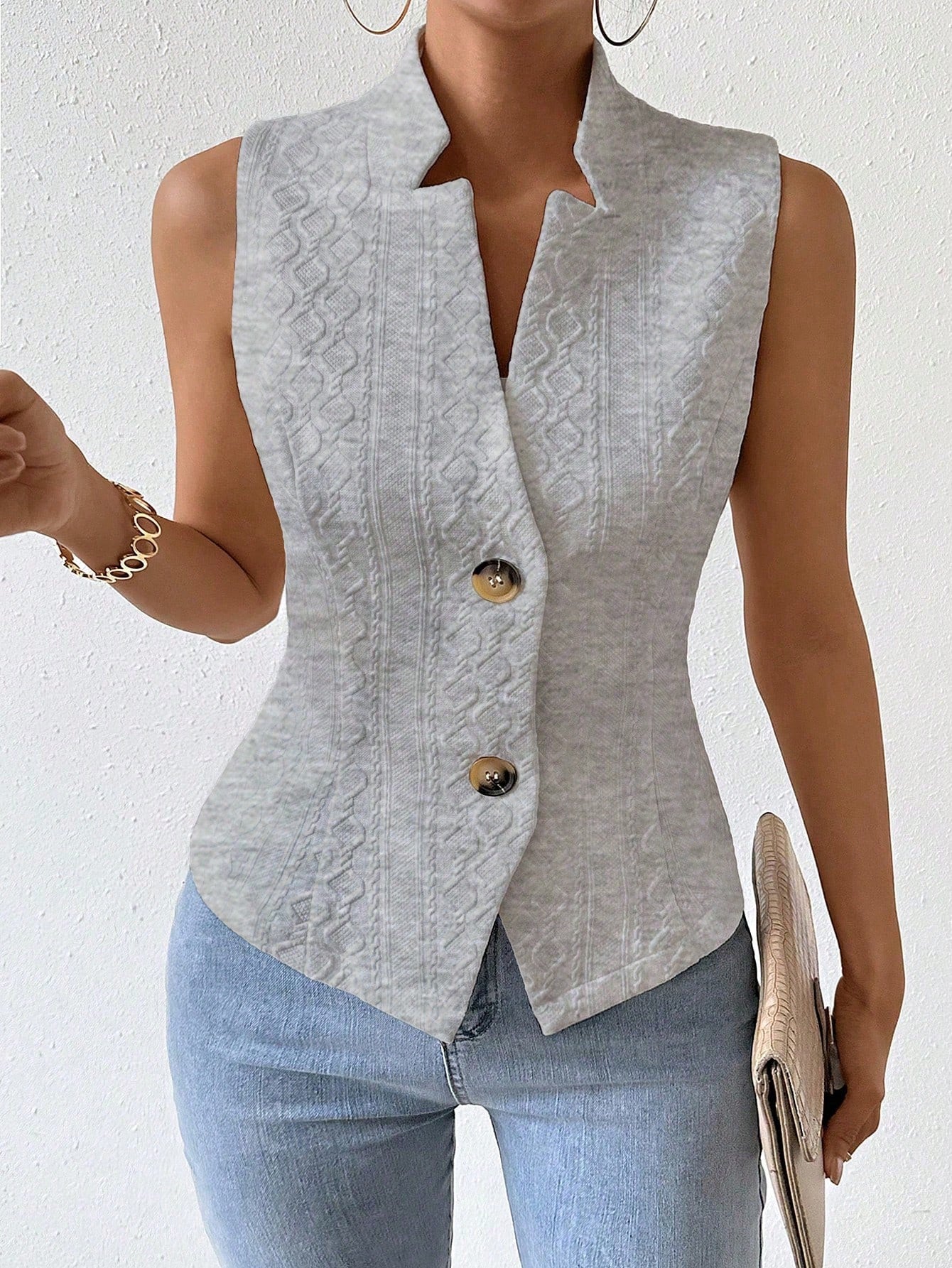 Frenchy Women's Fashionable Diamond Pattern Sleeveless Stand Collar Blazer Jacket