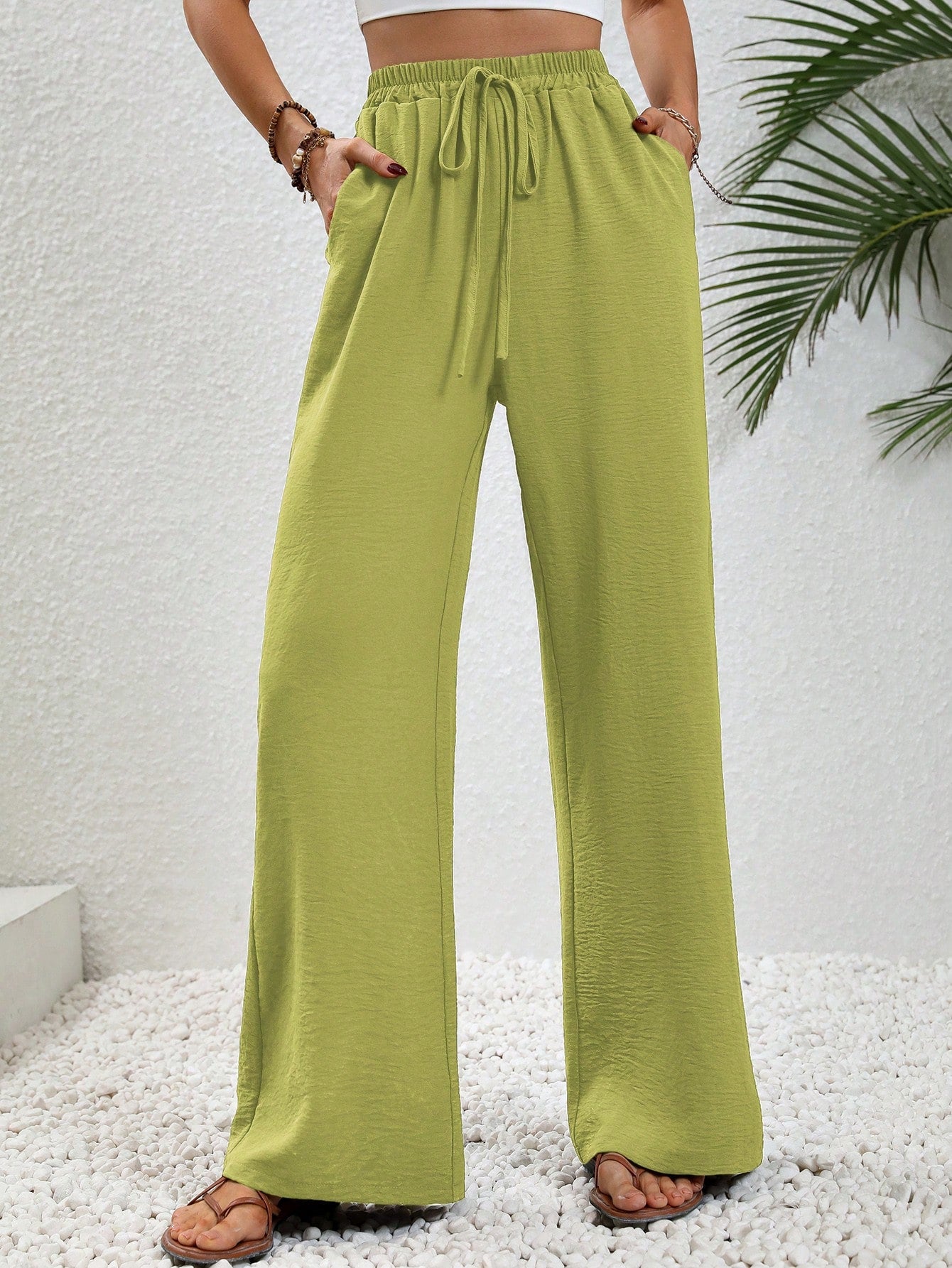 Women's Tie Waist Solid Color Straight Pants With Pockets