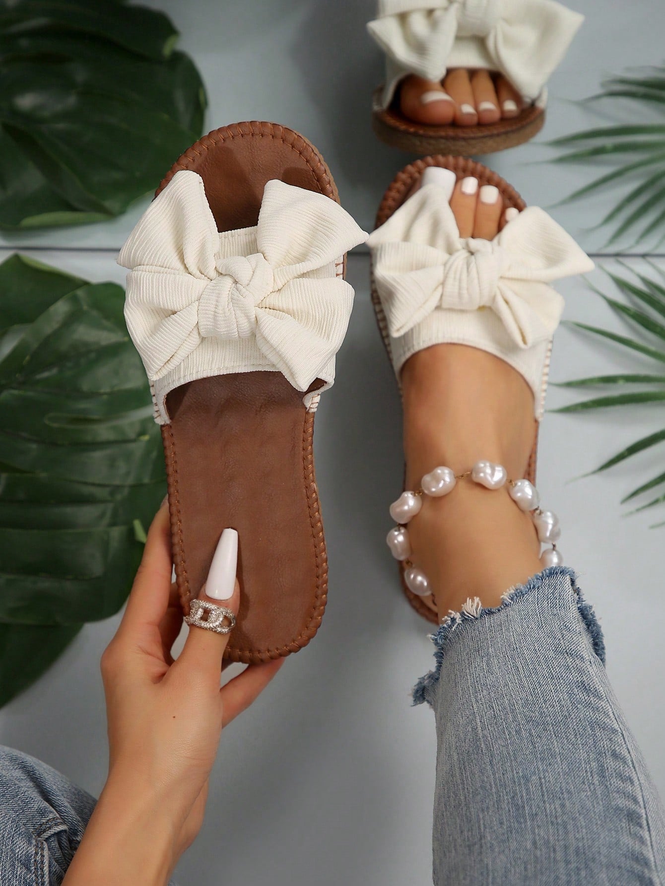 Women Bow Decor Slide Sandals, Fashion Summer Flat Sandals