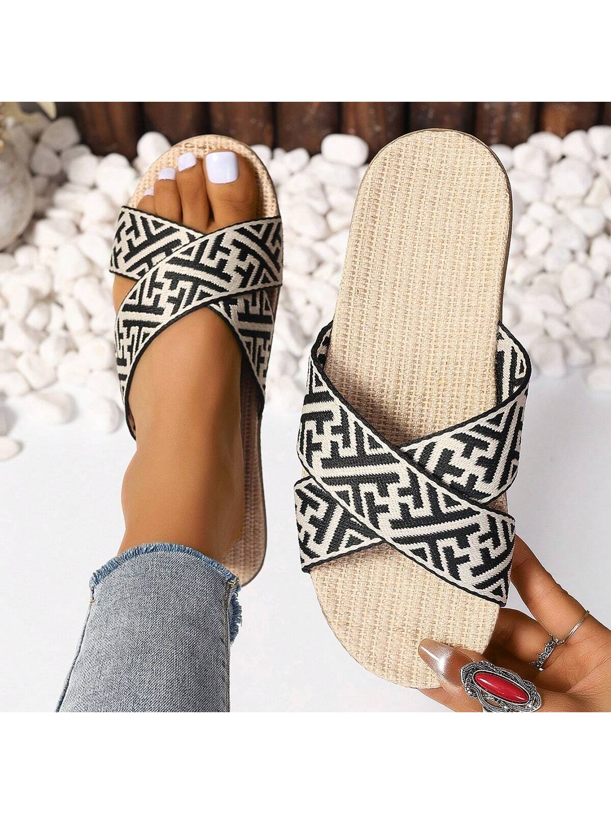 New Arrival Women Natural Linen Letter Print Crossed Slipper, Sweat-Absorbent And Versatile For Summer