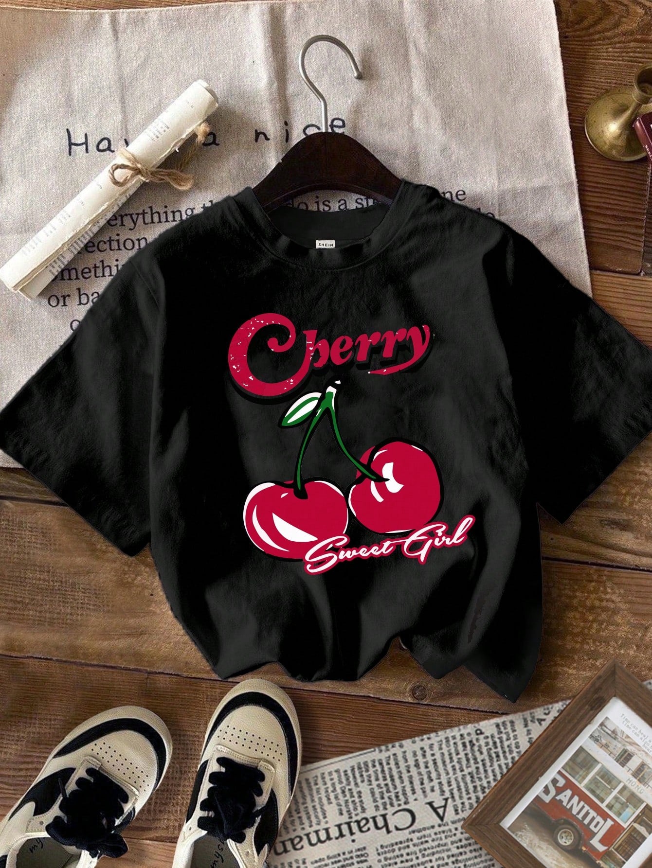 Tween Girl Casual Simple Cherry Print Short Sleeve T-Shirt Suitable For Summer