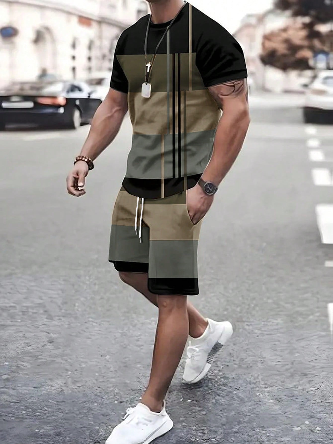 Men's Color Block Round Neck Short Sleeve Casual T-Shirt And Drawstring Waist Shorts Set, Summer