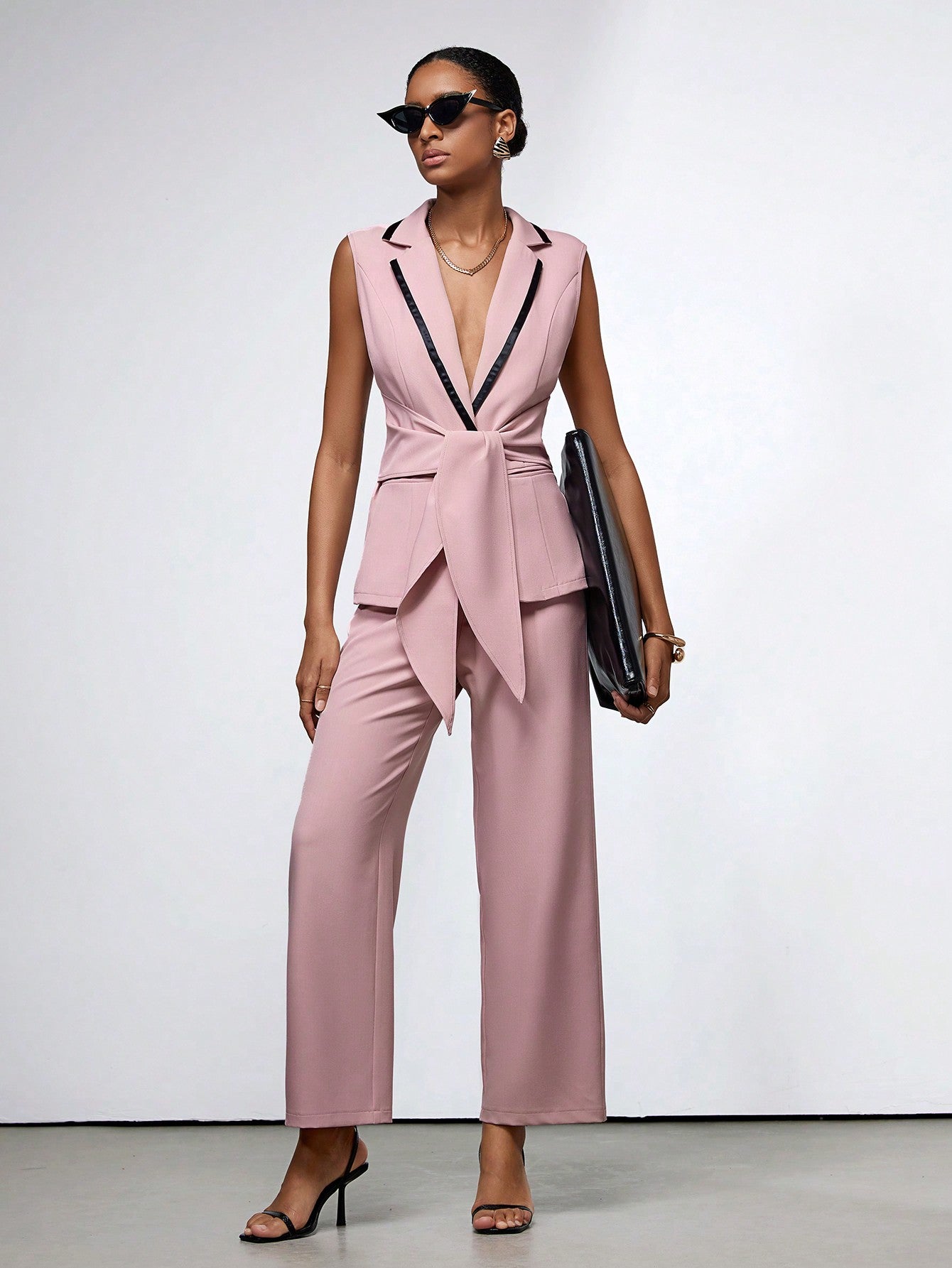 Women's Fashionable Solid Color Sleeveless Blazer And Long Pants Suit