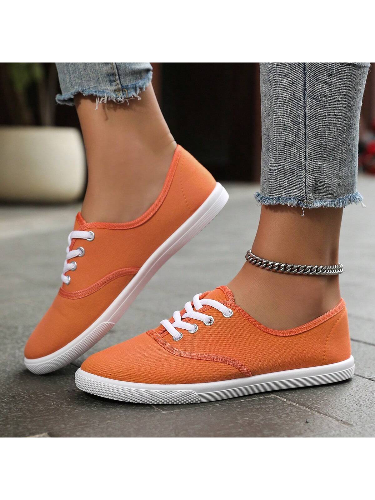 Women's Solid Color Canvas Flat Shoes, Round Toe Breathable Lace-Up Slip Resistant Shoes, Lady's Classic Canvas Flat Shoes, Solid Color Lace-Up Low-Cut Casual Shoes, Comfy Women's Footwear