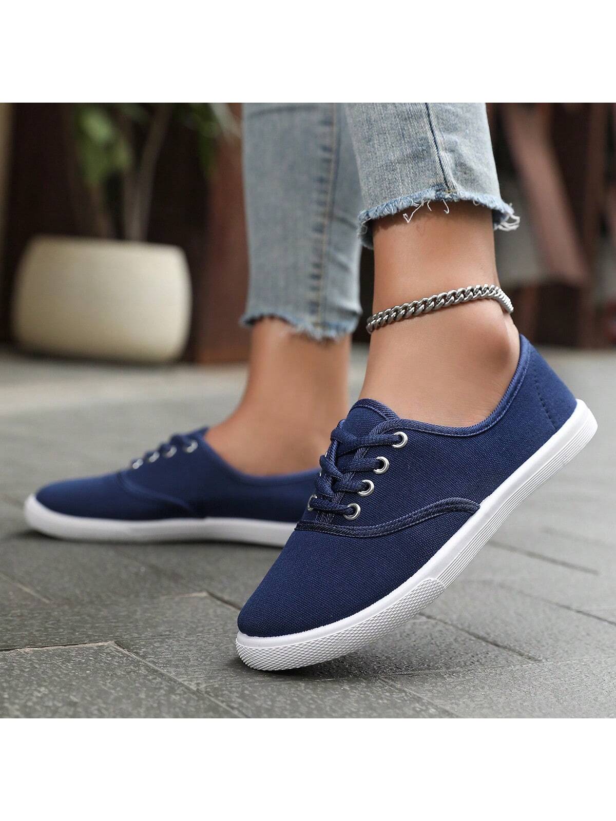 Women's Solid Color Canvas Flat Shoes, Round Toe Breathable Lace-Up Slip Resistant Shoes, Lady's Classic Canvas Flat Shoes, Solid Color Lace-Up Low-Cut Casual Shoes, Comfy Women's Footwear