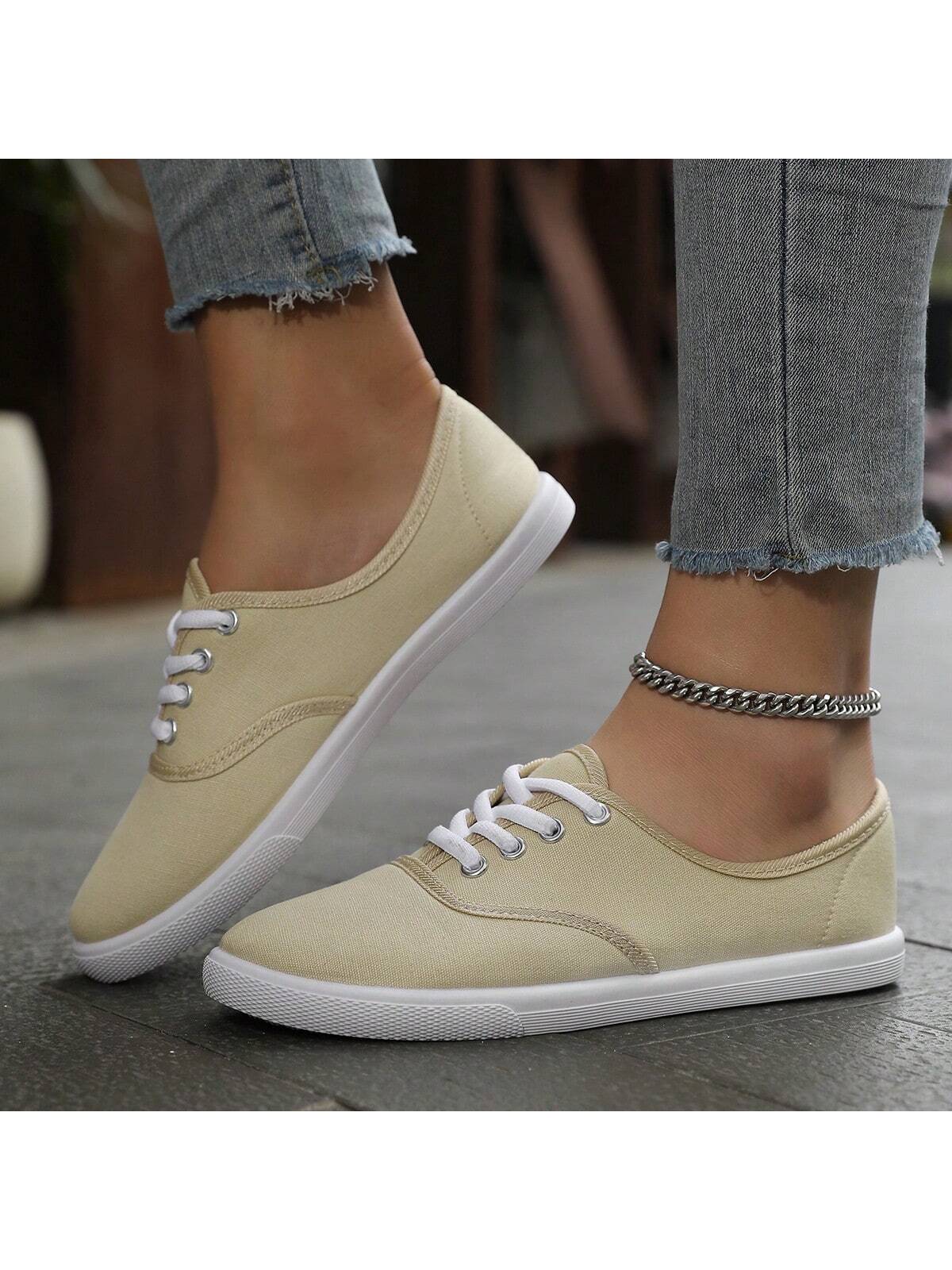 Women's Solid Color Canvas Flat Shoes, Round Toe Breathable Lace-Up Slip Resistant Shoes, Lady's Classic Canvas Flat Shoes, Solid Color Lace-Up Low-Cut Casual Shoes, Comfy Women's Footwear