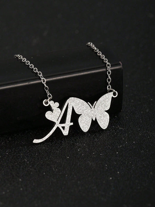 1pc Silver Sandblasted Butterfly Initial Letter Pendant Necklace For Children Fashion Exquisite Alphabet Choker For Girls Birthday Gift For Daily Life