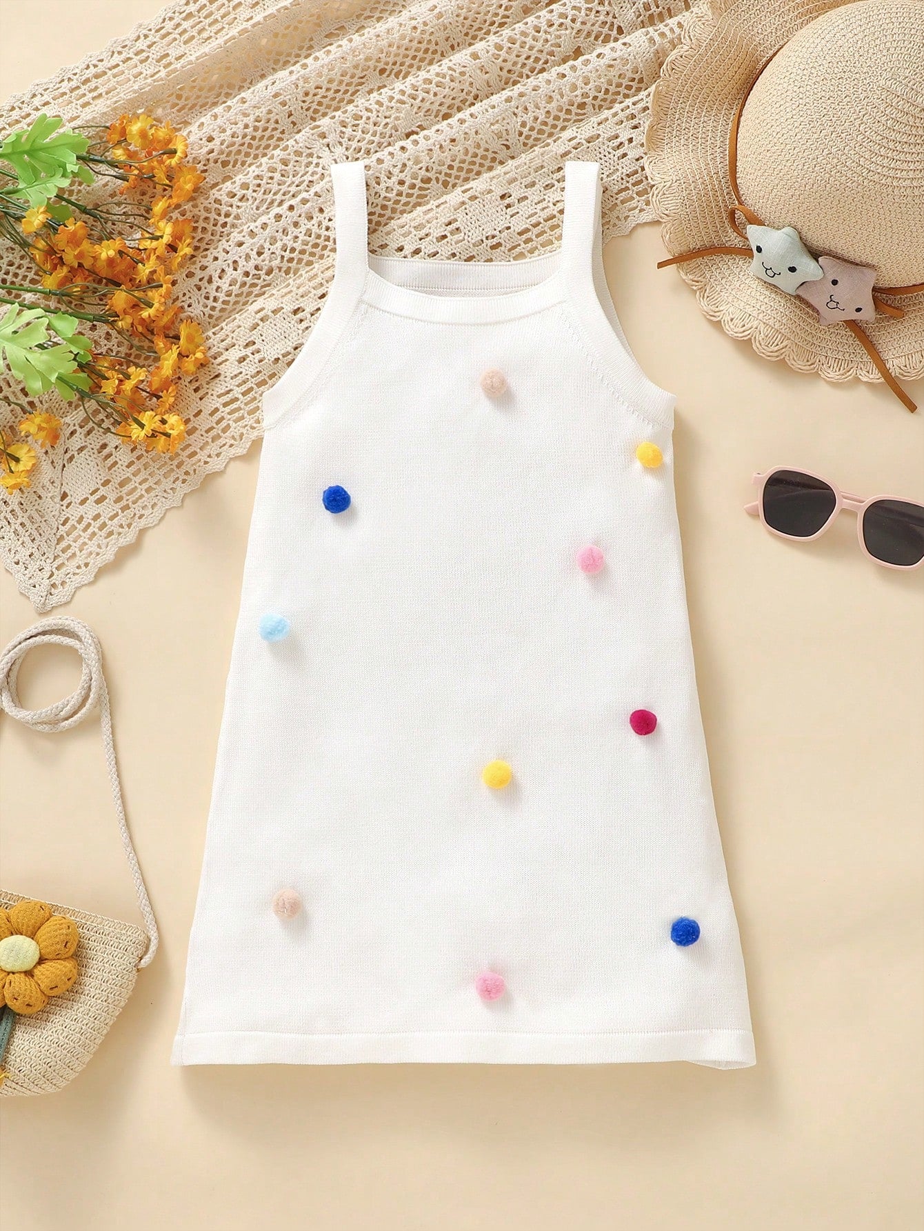 Young Girl Summer Pom Pom Decorated Cami Sweater Dress