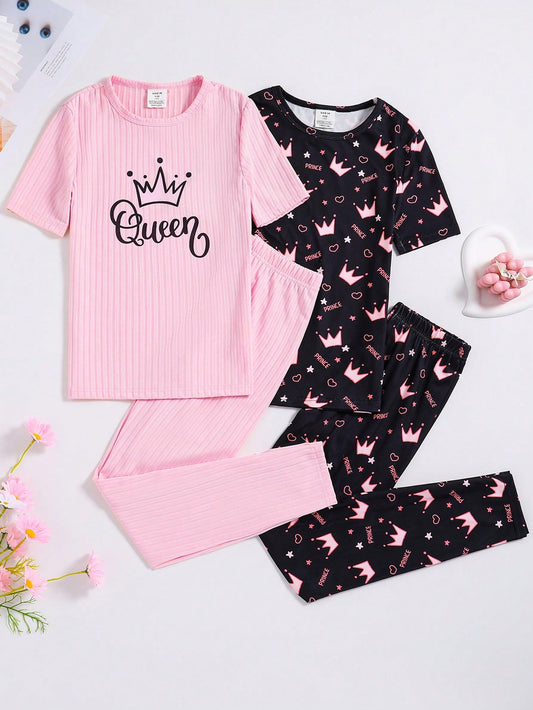 Tween Girl Crown Printed Short Sleeve Top And Long Pants Set, Tight-Fitting Casual Home Clothes, Multiple Pieces