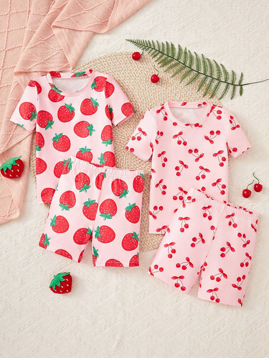 Young Girl Cherry Strawberry Printed Round Neck Shorts And Short Sleeve Snug Fit Pajama Set