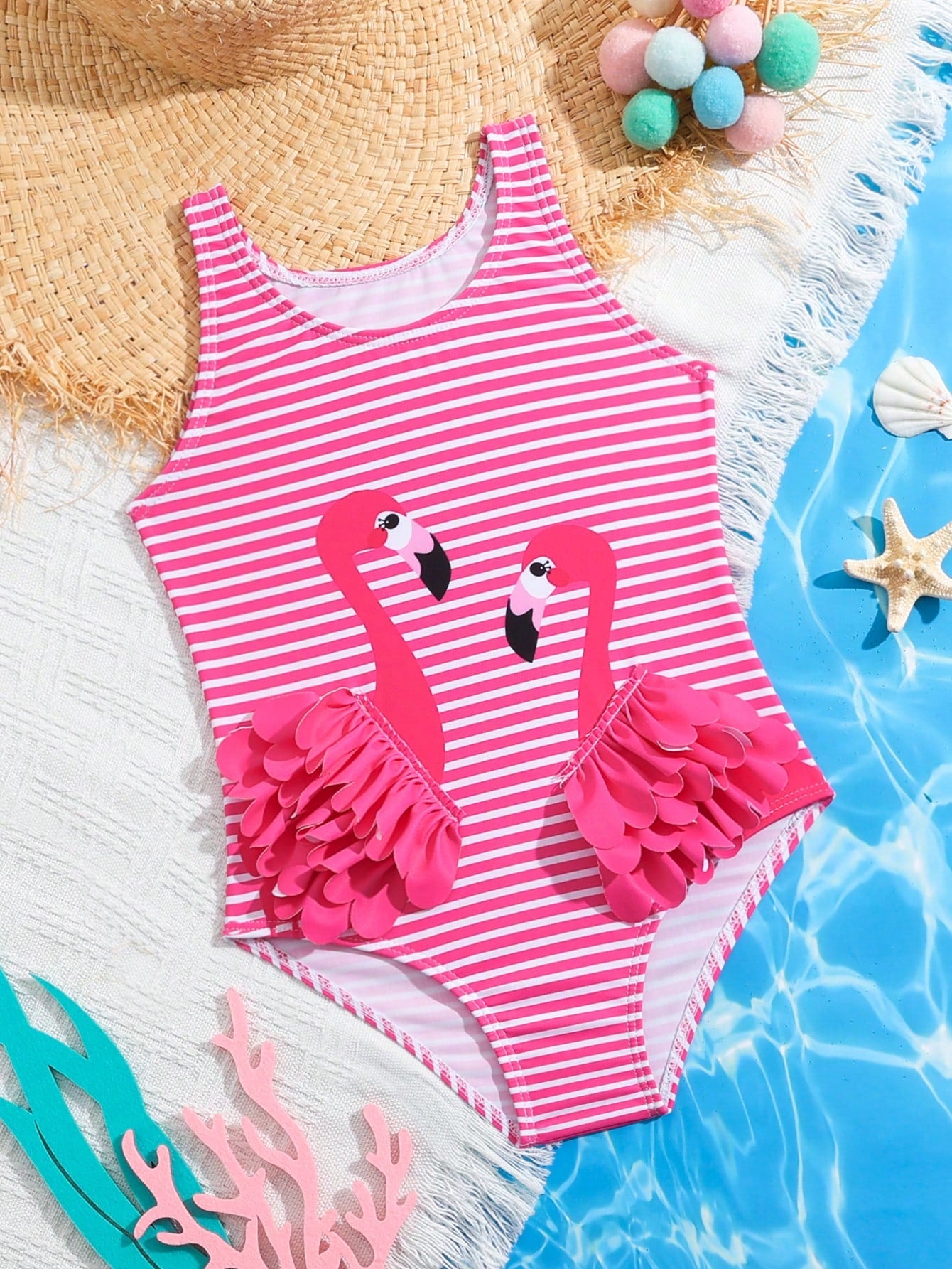 Young Girl Summer Beach Striped Flamingo Print One-Piece Swimsuit