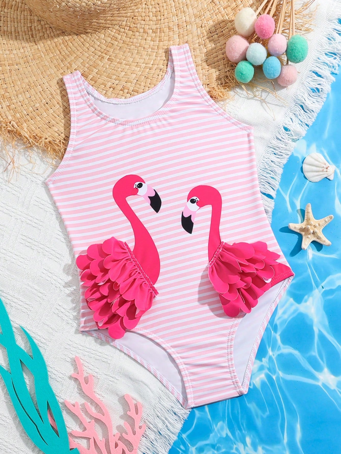 Young Girl Summer Beach Striped Flamingo Print One-Piece Swimsuit