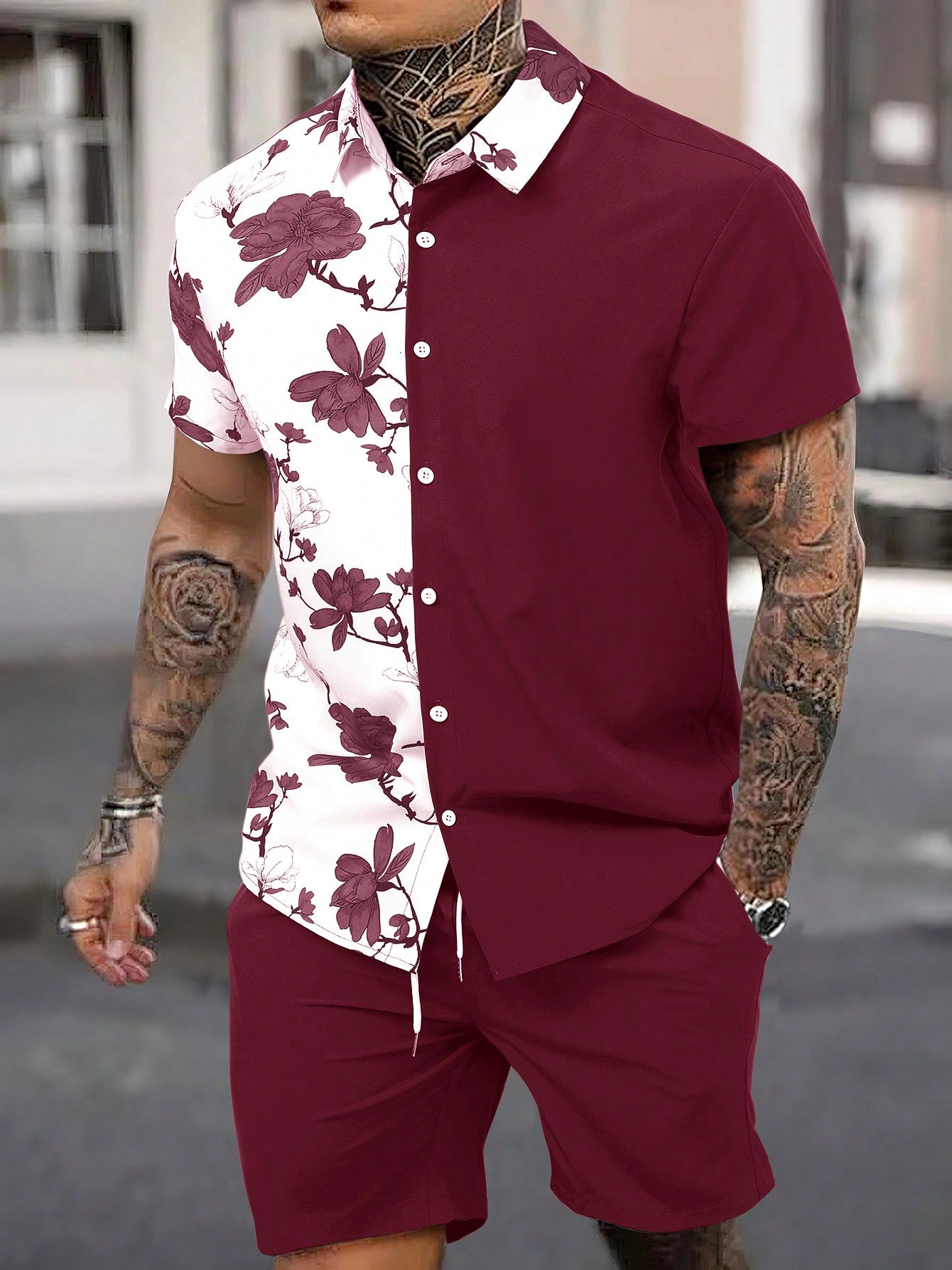 Men Floral Print Shirt & Drawstring Waist Shorts