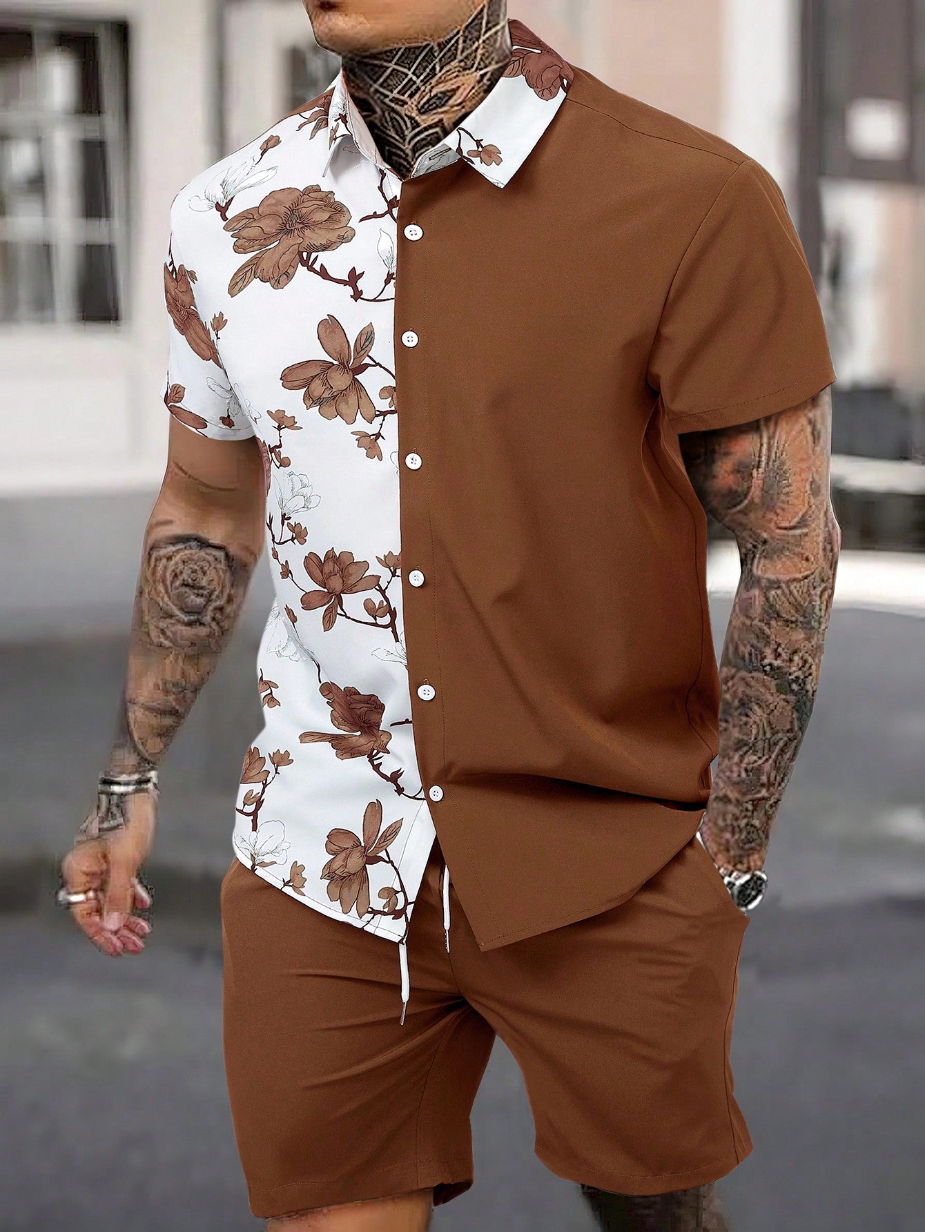 Men Floral Print Shirt & Drawstring Waist Shorts