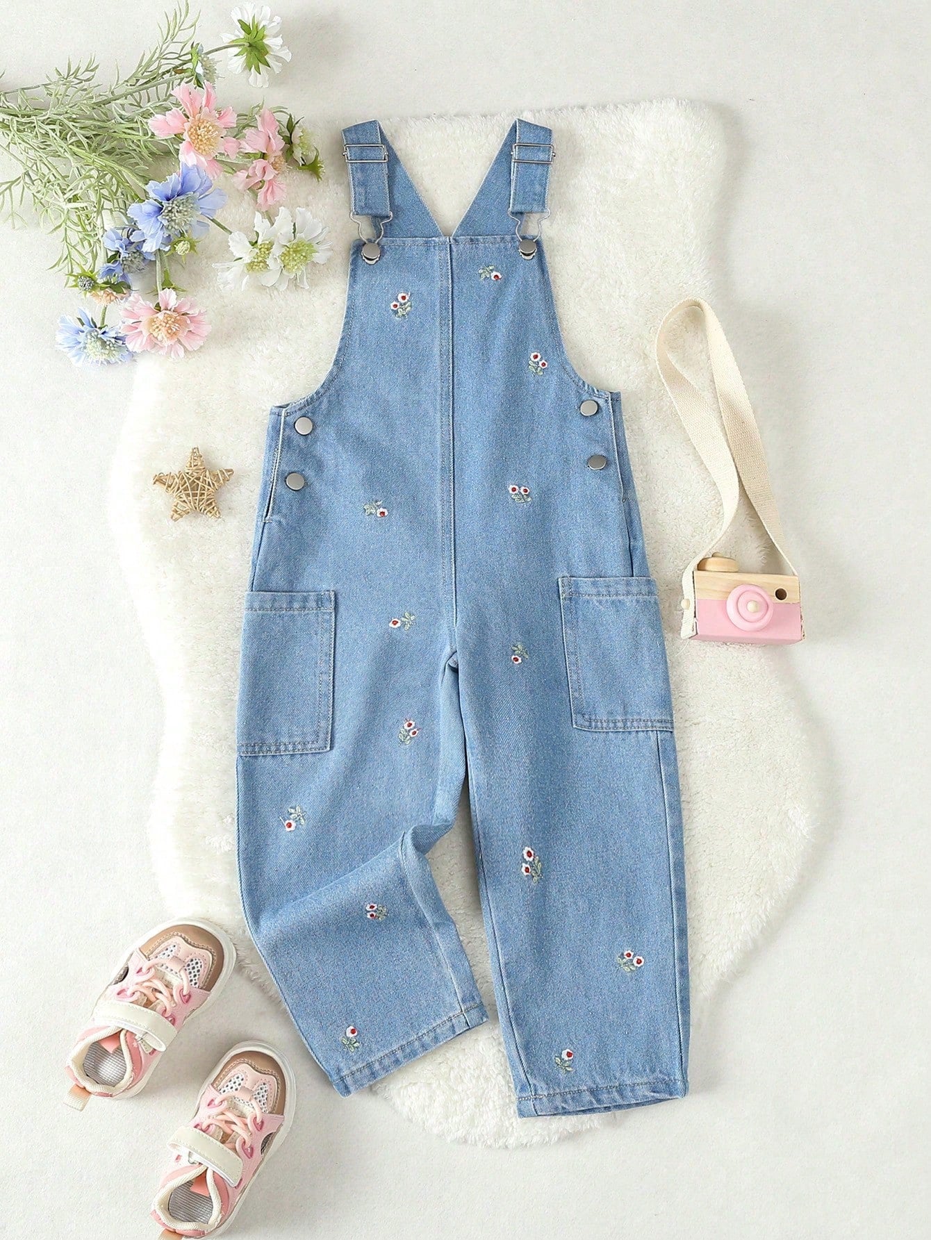 Little Girls' Casual And Cute Embroidered Denim Overalls And Jumpsuit