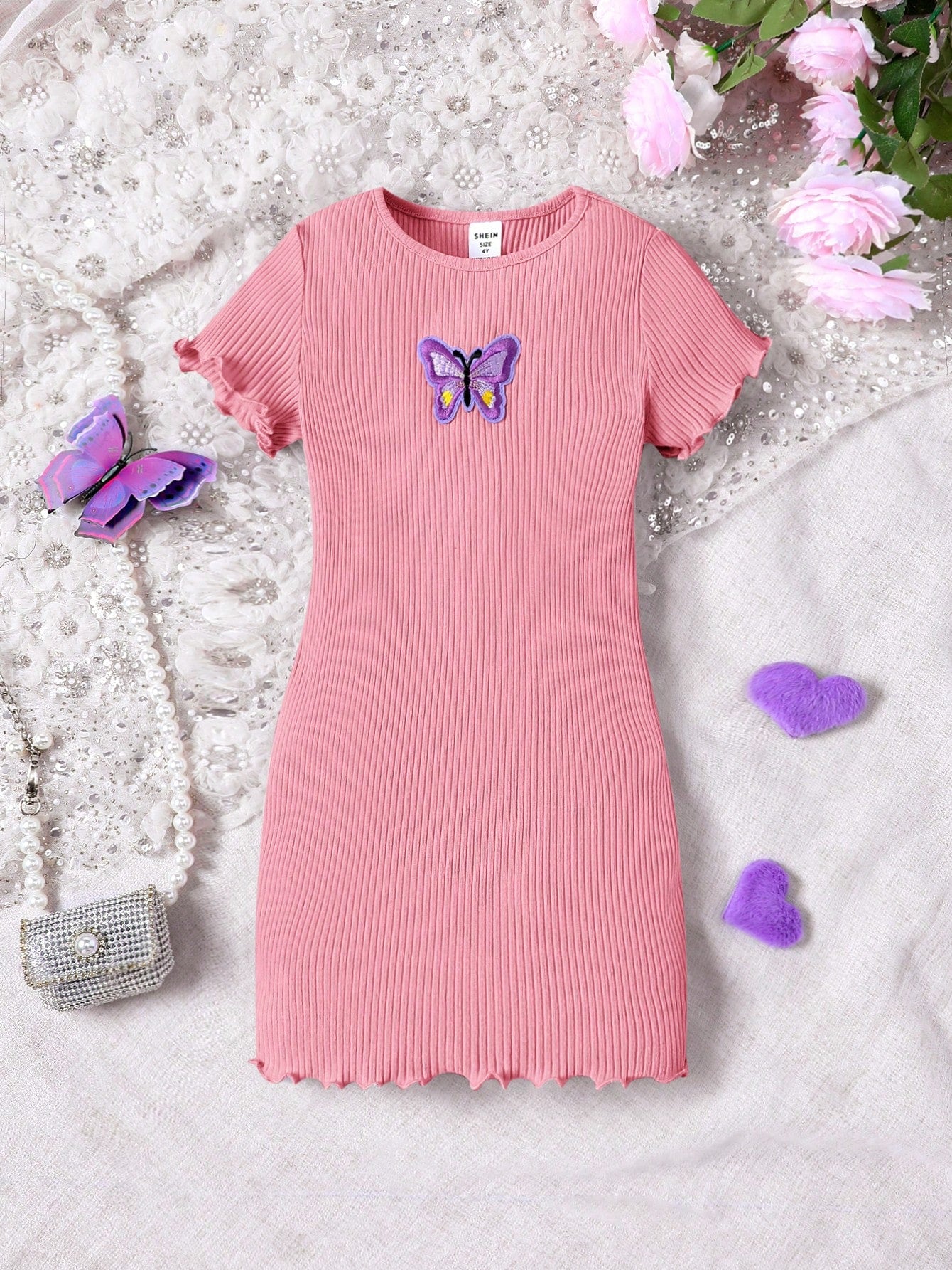 Young Girls' Knitted Solid Color Round Neck Butterfly Patterned Casual Dress