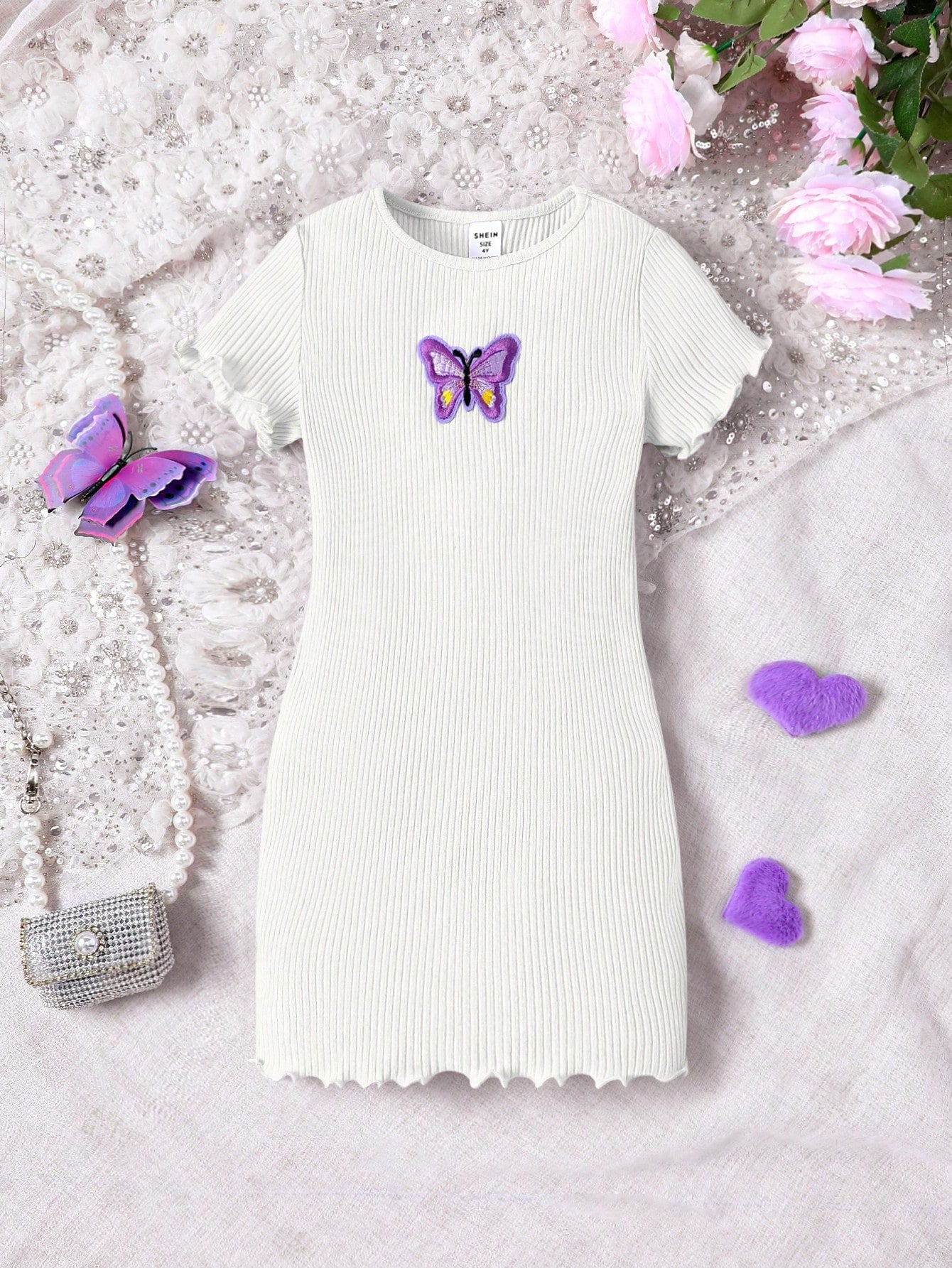 Young Girl Knit Butterfly Patterned Solid Color Round Neck Casual Dress