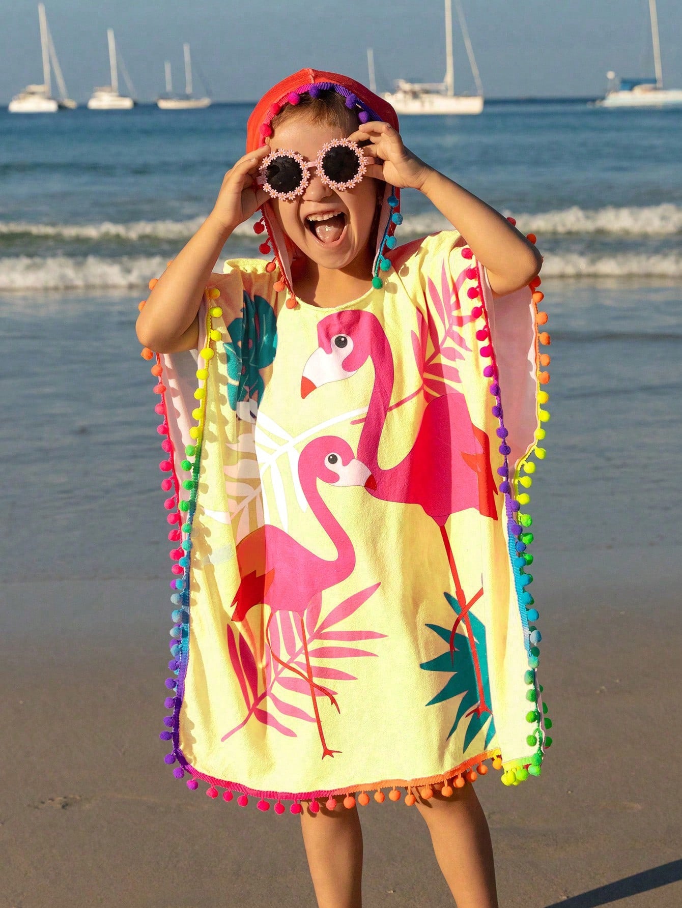 Young Girl Cute Flamingo Colorful Pom Pom Beach Towel Cover-Up