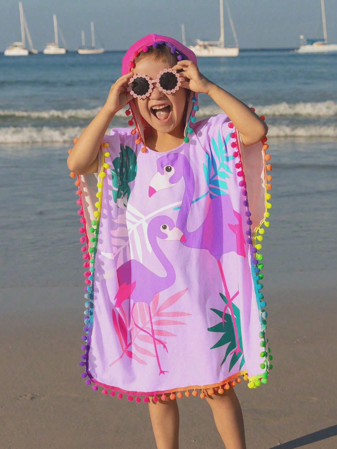 Young Girls' Flamingo Pattern Cover Up With Colorful Pom Pom Decor