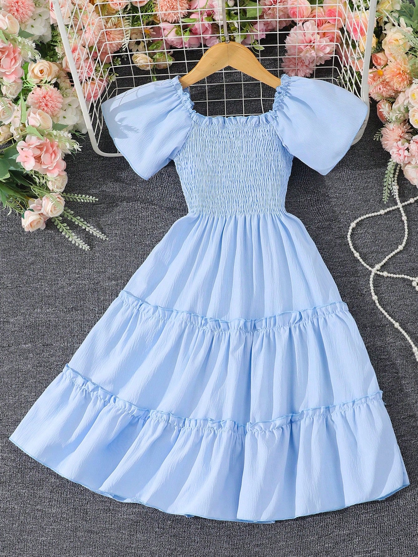 Solid Color A-Line Short Sleeve Dress For Tween Girls