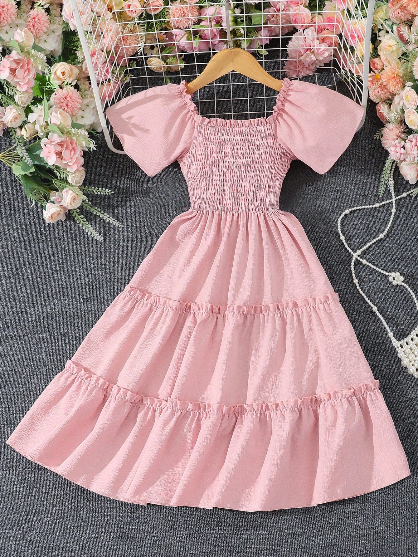 Solid Color A-Line Short Sleeve Dress For Tween Girls