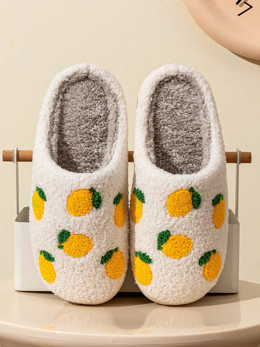 Cute Non-Slip Lemon Pattern Winter Home Slippers For Women