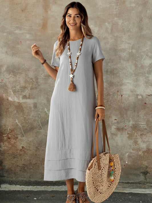 Women Fashion Solid Color Short Sleeve Round Neck Dress