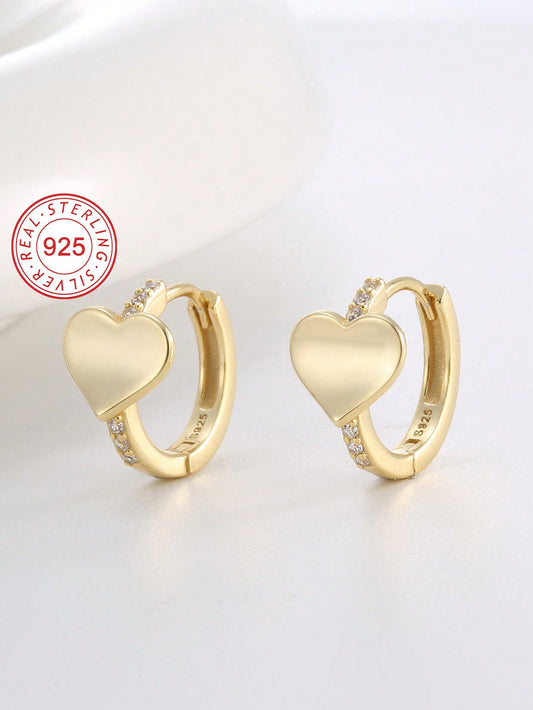 1pair 925 Silver Cubic Zirconia Heart & Circle Shaped Earrings For Kids With Gift Box And Blessing Card, Perfect Gift For Young Girls