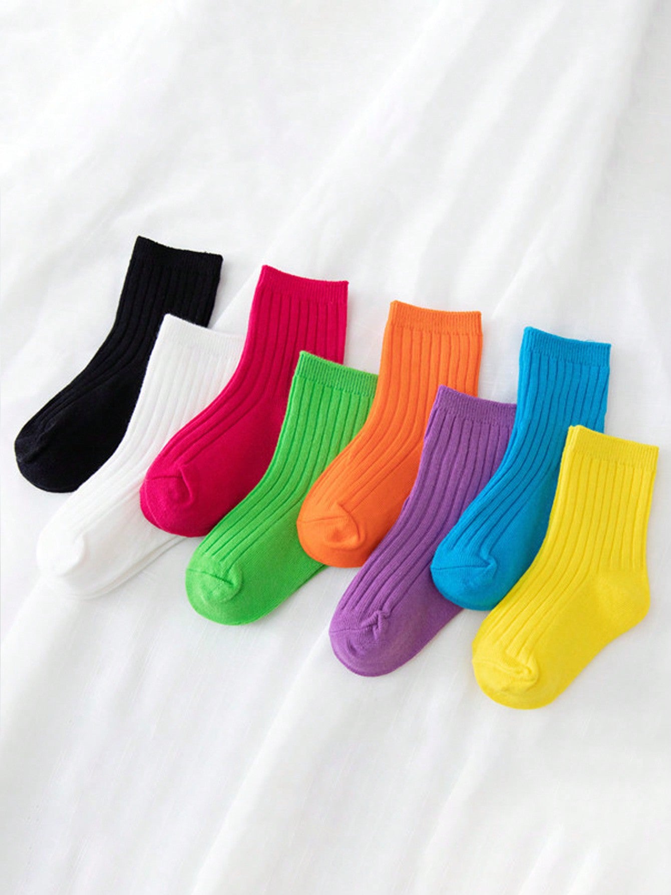 8 Pairs Unisex White Solid Color Casual Socks For Kids, Cute And Sweet Style