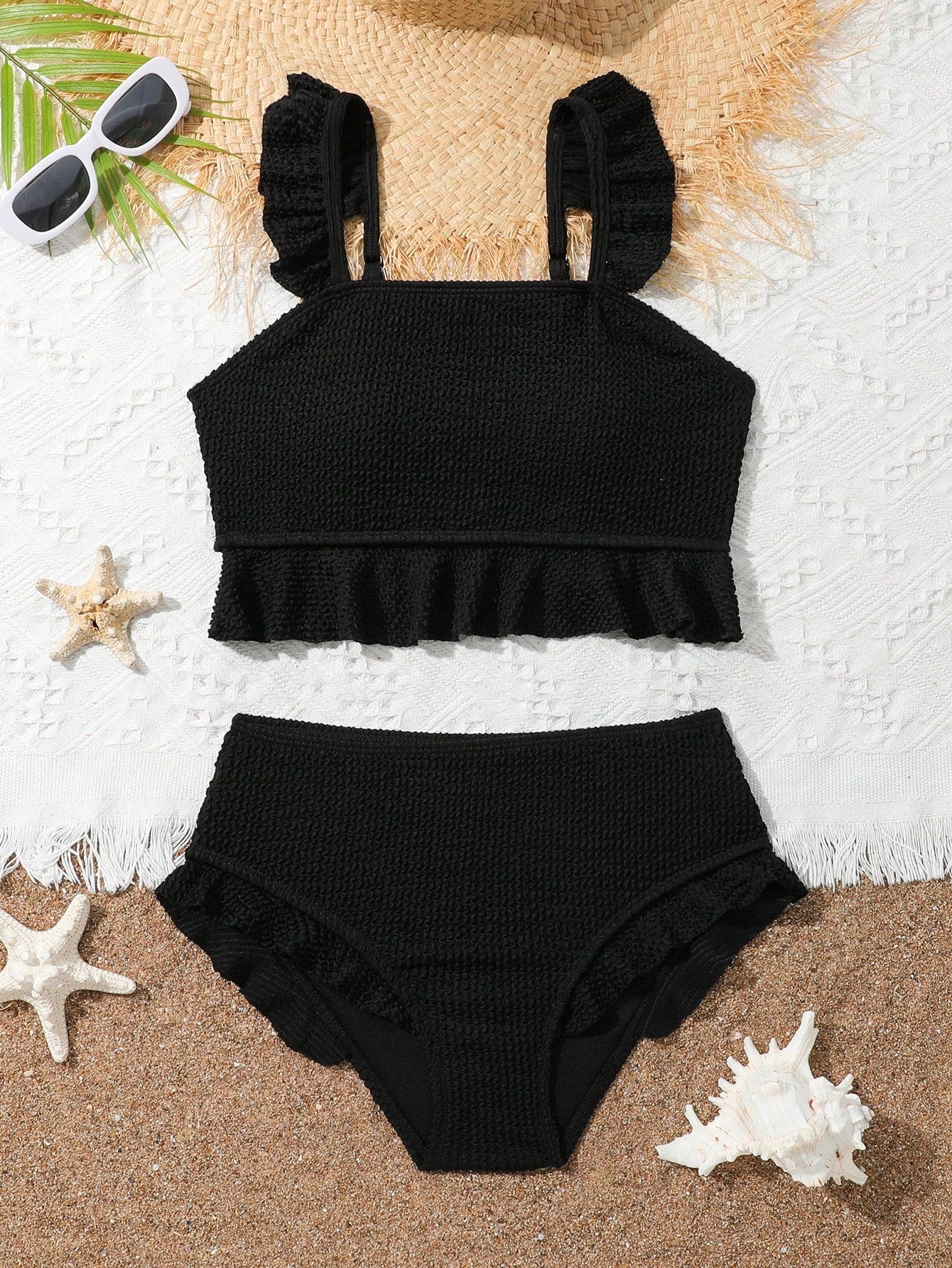 Tween Girl Spaghetti Strap Bikini With Ruffled Hem And Uniquely Textured Fabric In Solid Color