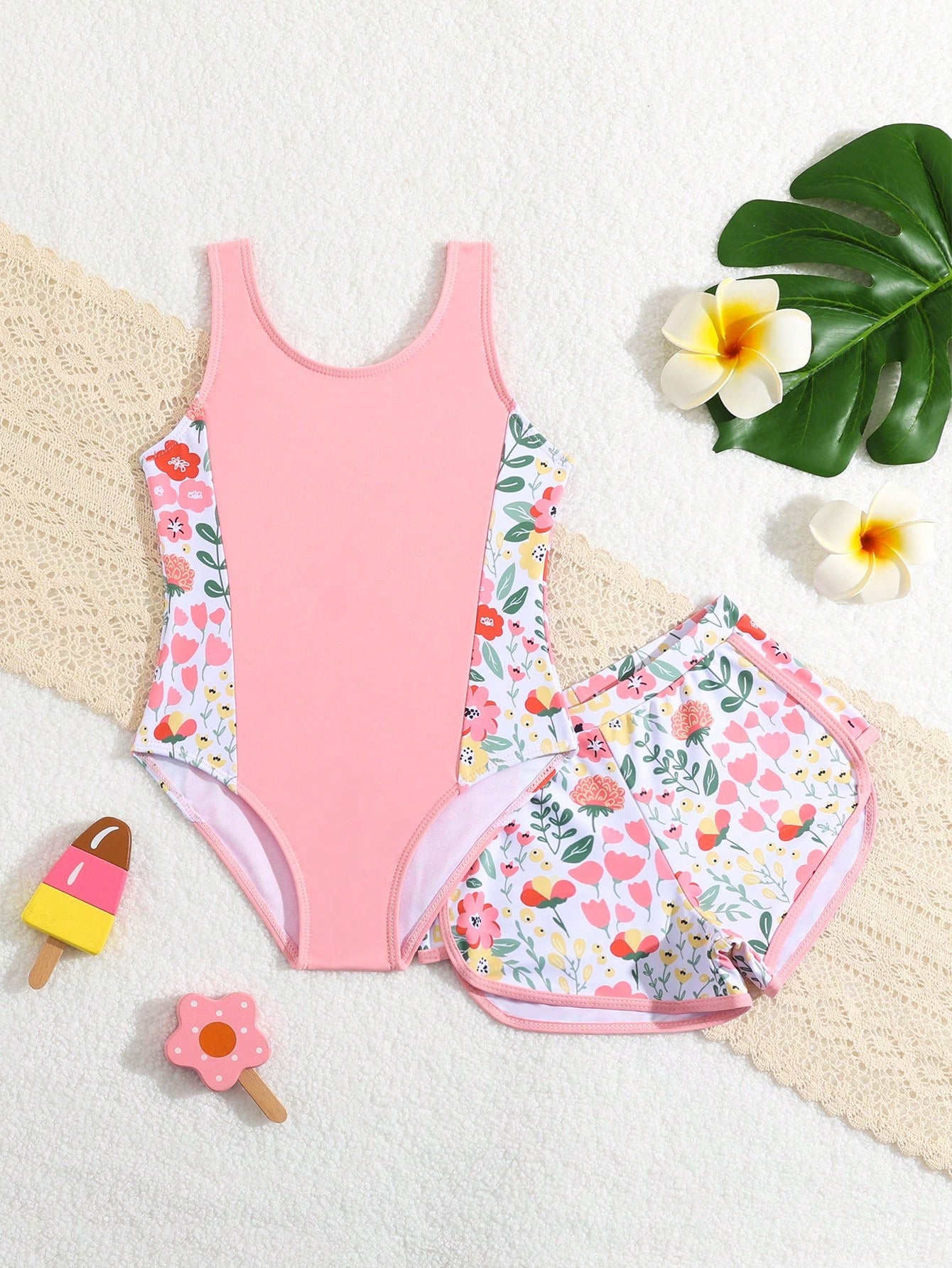 Young Girls' Donut Printed Patchwork One-Piece Swimsuit/Random Print/With Swimming Trunks