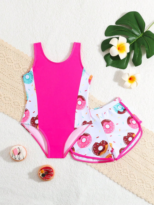 Young Girls' Donut Printed Patchwork One-Piece Swimsuit/Random Print/With Swimming Trunks