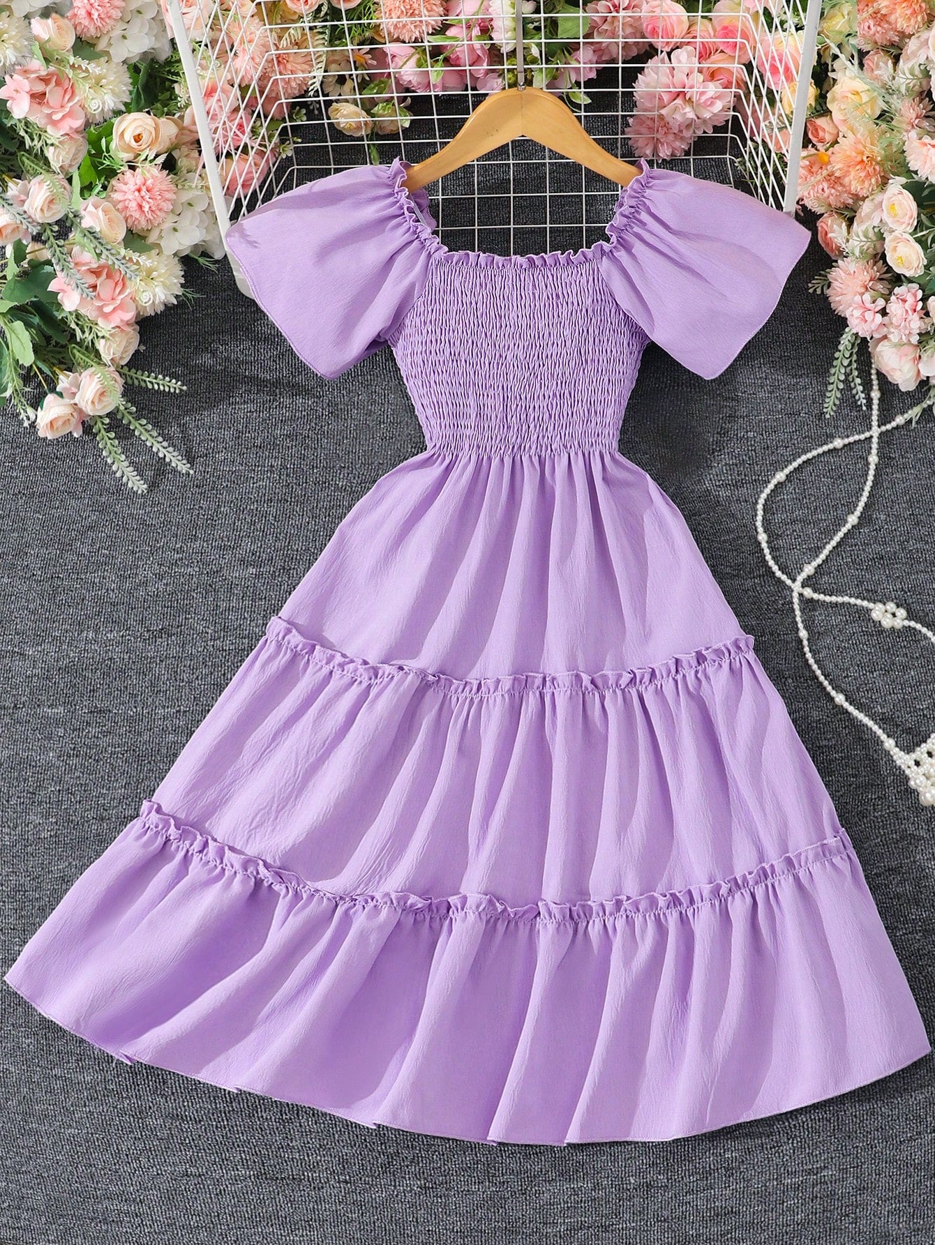 Solid Color A-Line Short Sleeve Dress For Tween Girls